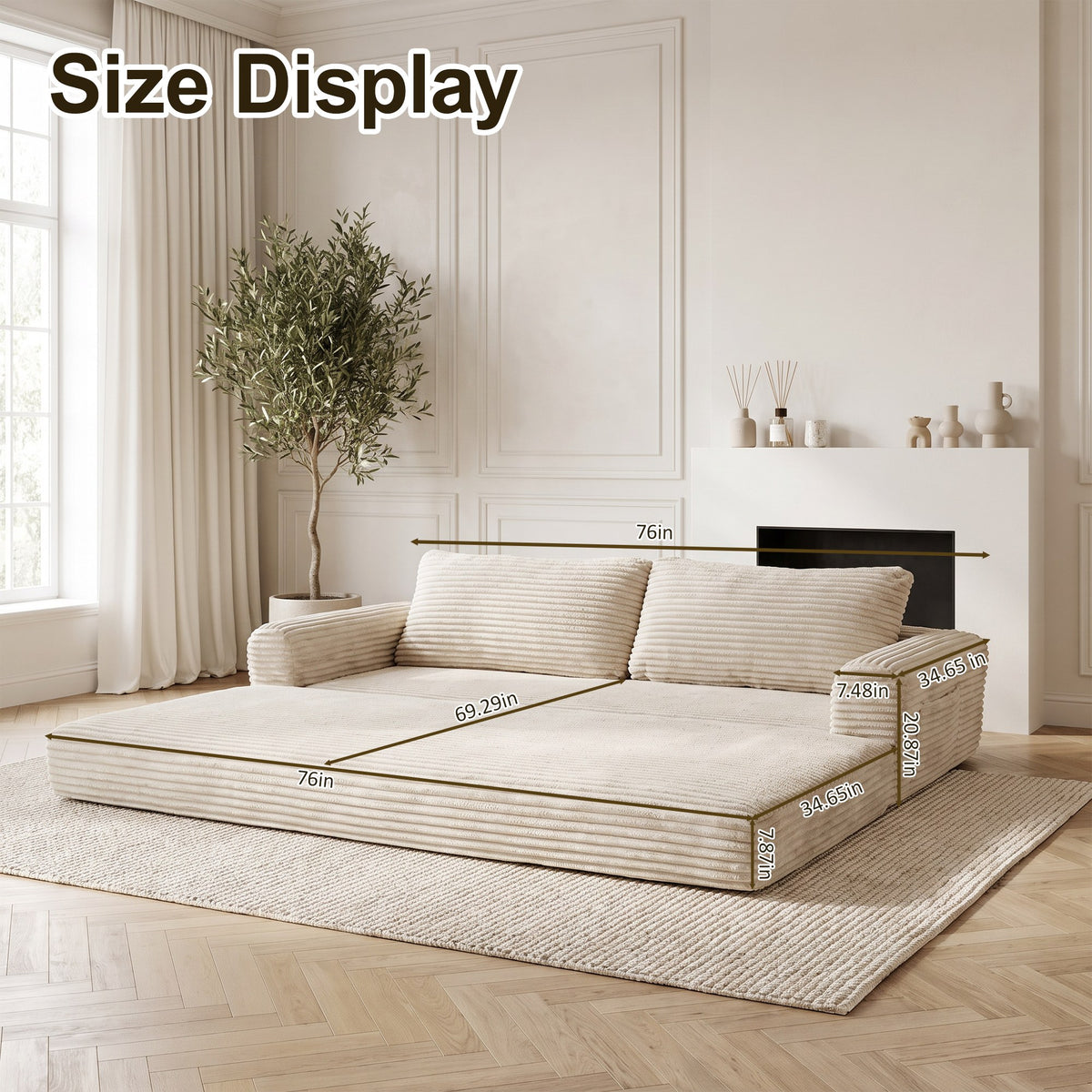 Corduroy Boneless Sofa Bed — 2-Seat, 76"W — Beige White