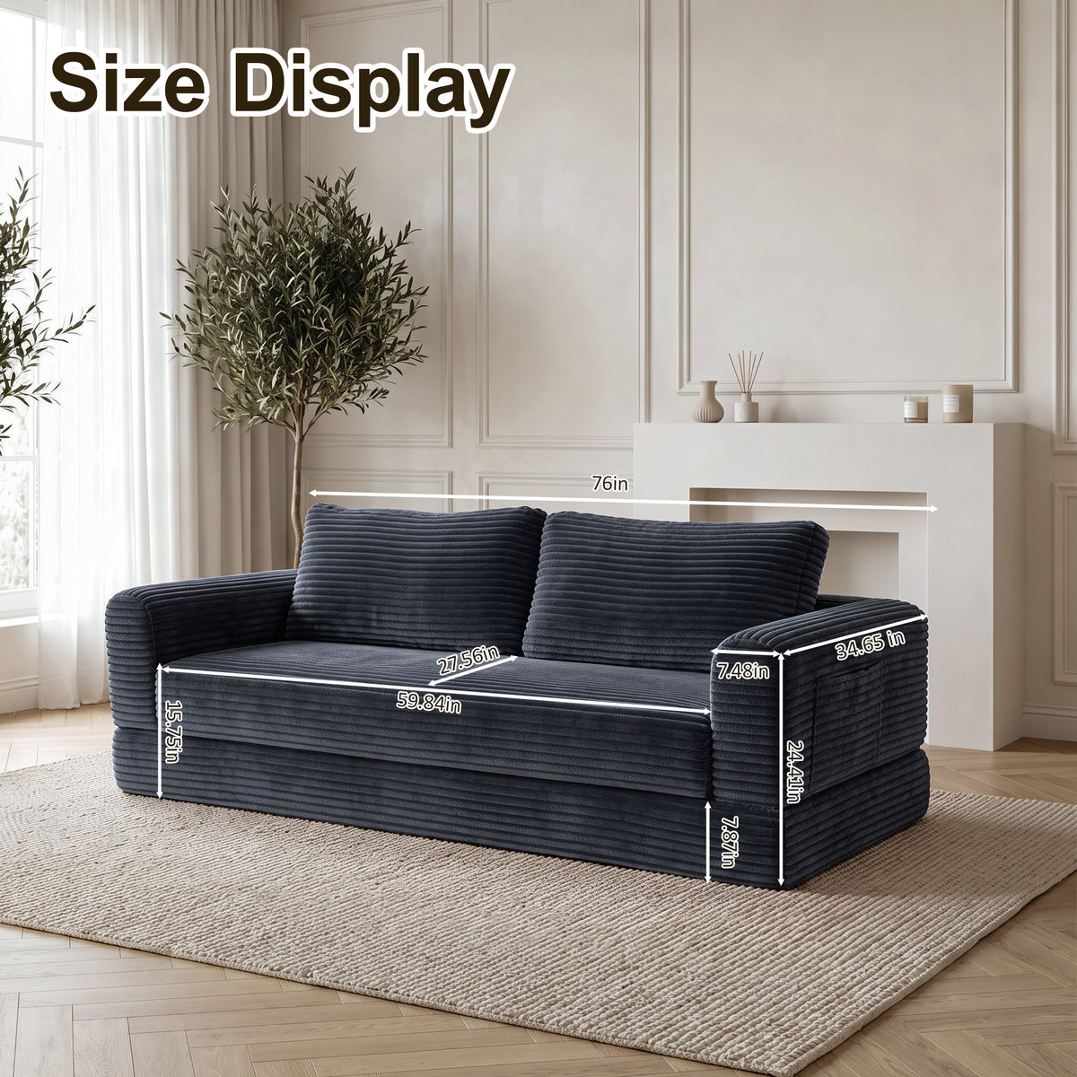 Corduroy Boneless Sofa Bed — 2-Seat, 76"W — Dark Gray
