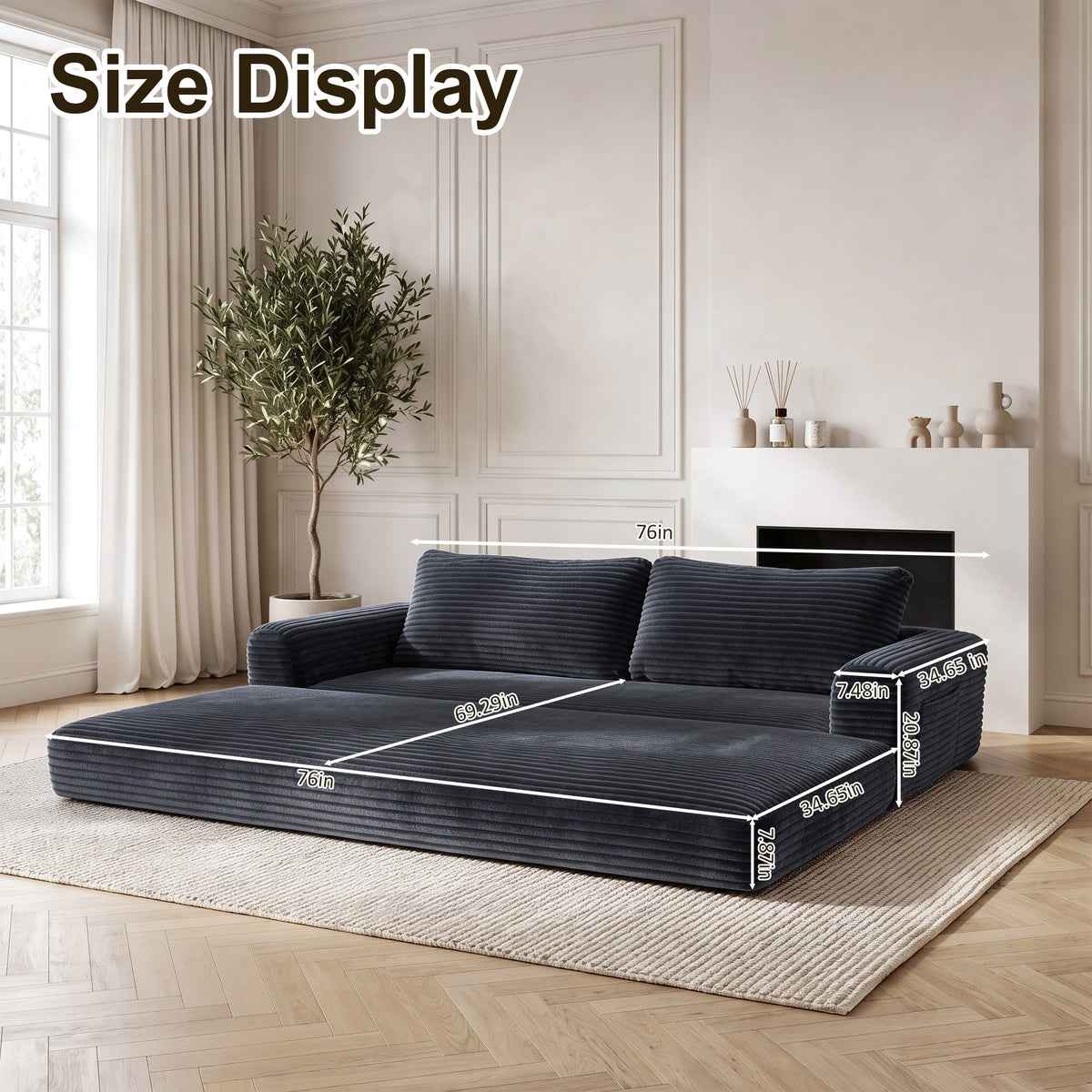 Corduroy Boneless Sofa Bed — 2-Seat, 76"W — Dark Gray