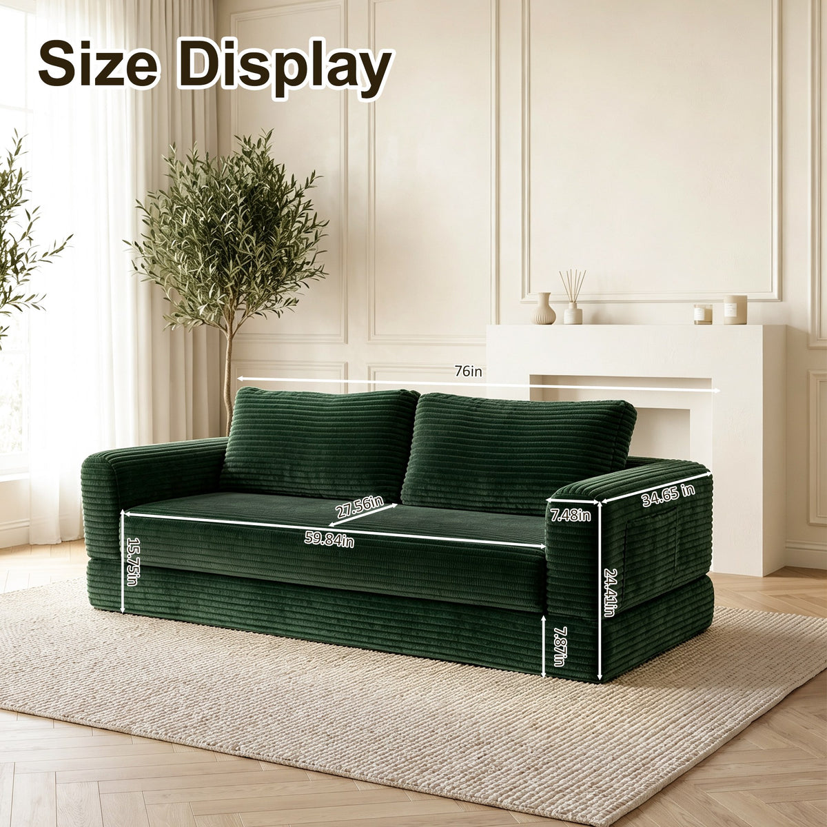 Corduroy Boneless Sofa Bed — 2-Seat, 76"W — Green