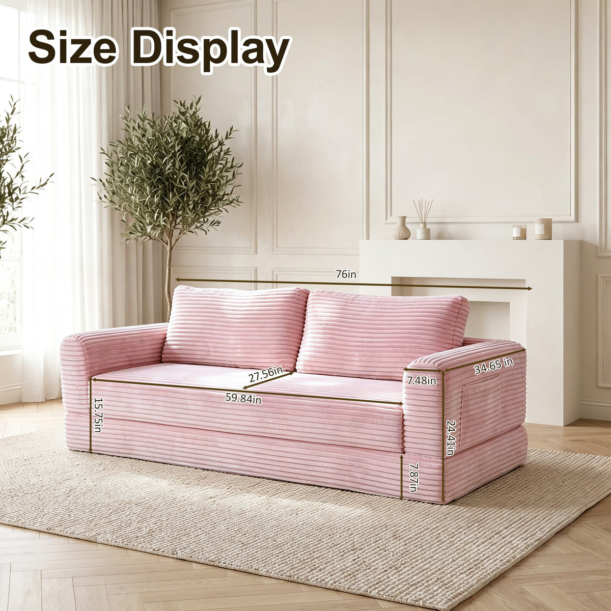Corduroy Boneless Sofa Bed — 2-Seat, 76"W — Pink