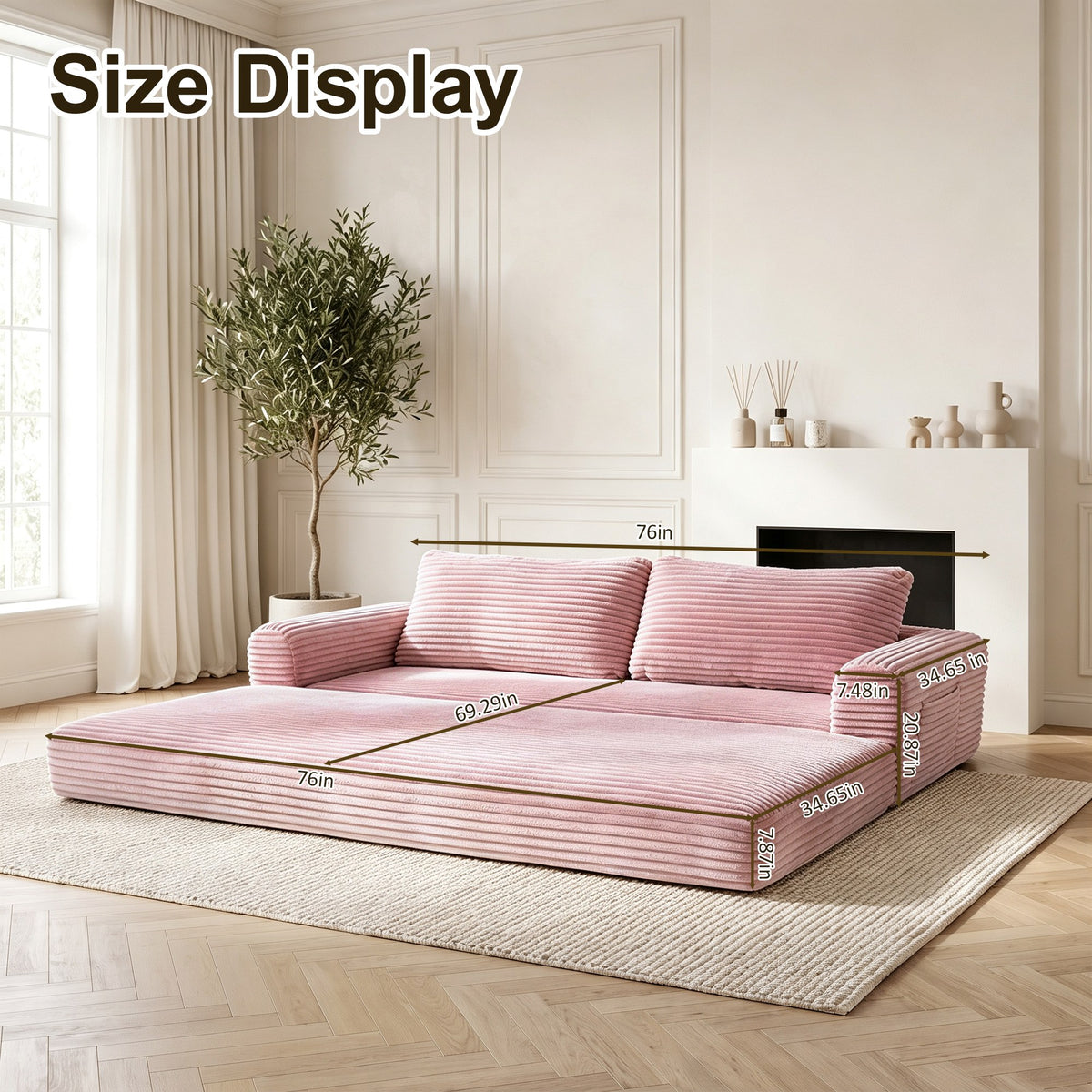 Corduroy Boneless Sofa Bed — 2-Seat, 76"W — Pink