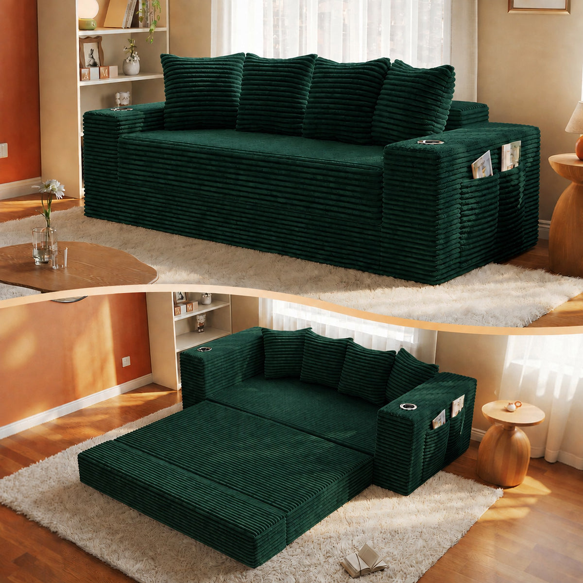 Corduroy Boneless Sofa Bed — 2-Seat, 79"W × 28"H — Green