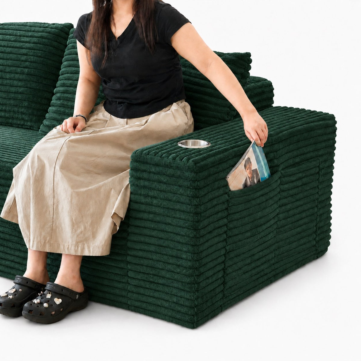 Corduroy Boneless Sofa Bed — 2-Seat, 79"W × 28"H — Green