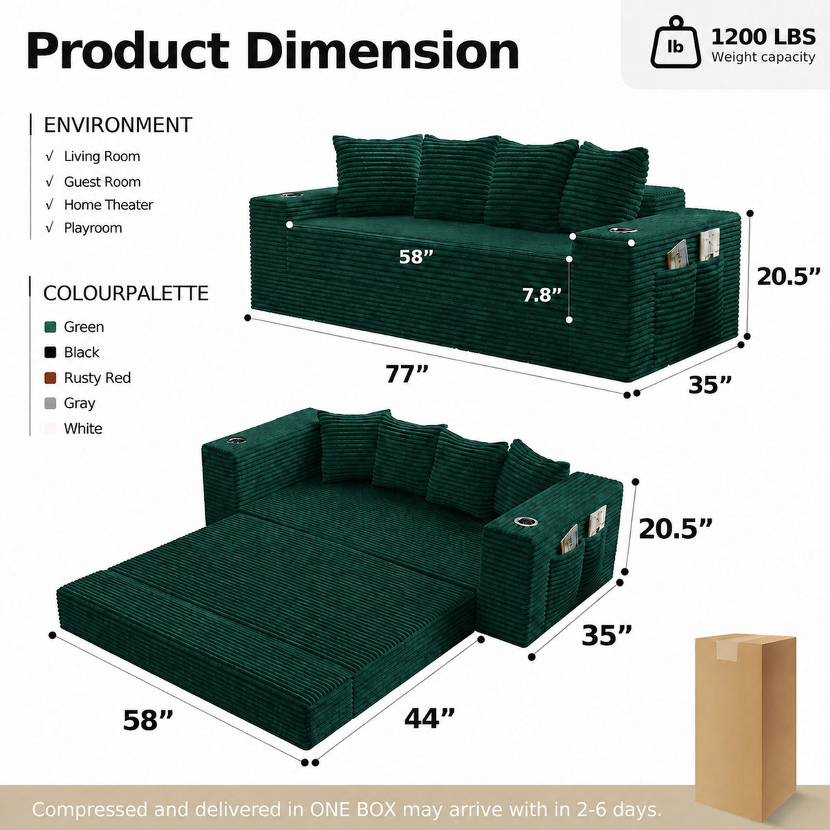 Corduroy Boneless Sofa Bed, 2-Seat 79"W × 28"H dimensions — dimensions — Green