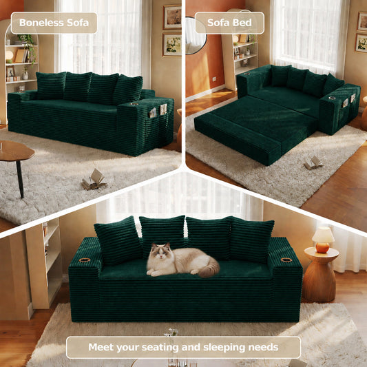Corduroy Boneless Sofa Bed, 2-Seat 79"W × 28"H styled in a room — Green