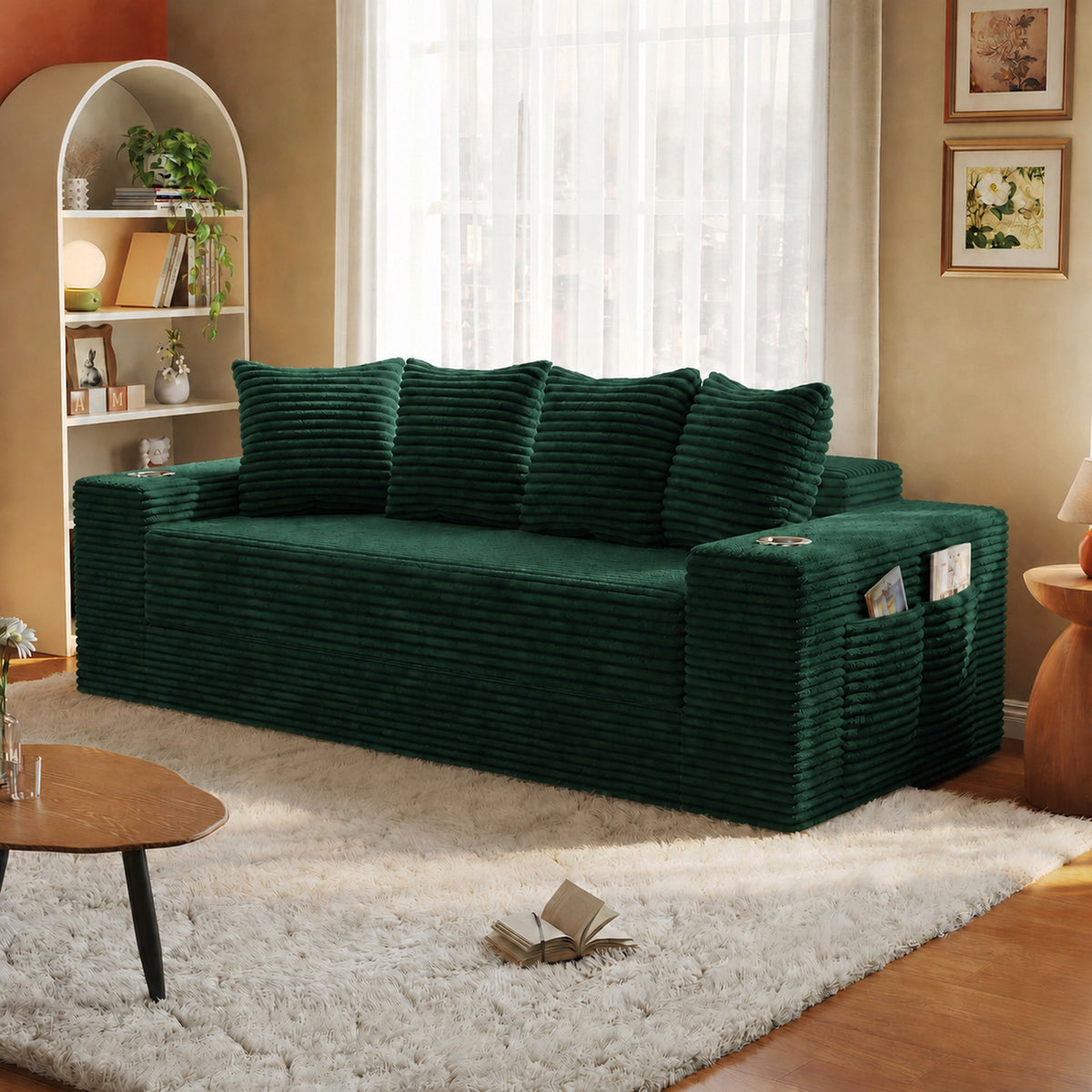 Corduroy Boneless Sofa Bed, 2-Seat 79"W × 28"H styled in a room, view 2 — Green