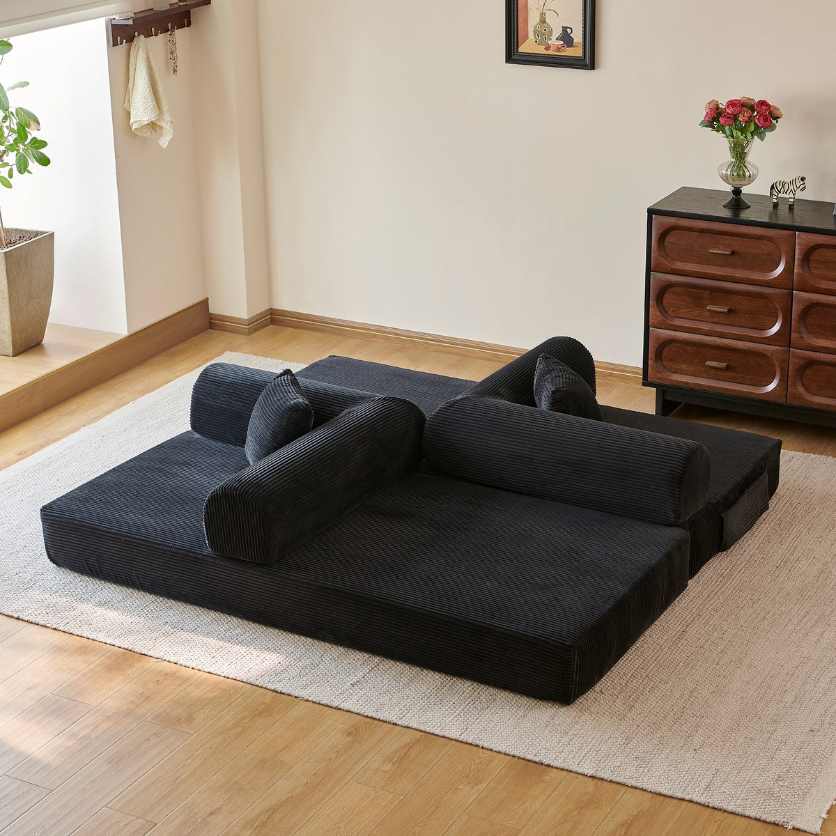 Corduroy Boneless Sofa Bed — 2-Seat, 79"W × 35"D — Black