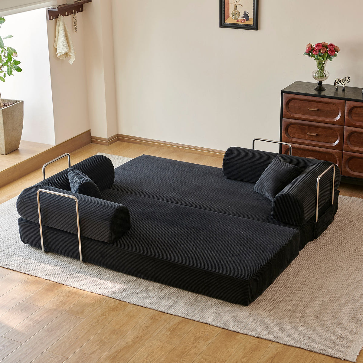 Corduroy Boneless Sofa Bed — 2-Seat, 79"W × 35"D — Black