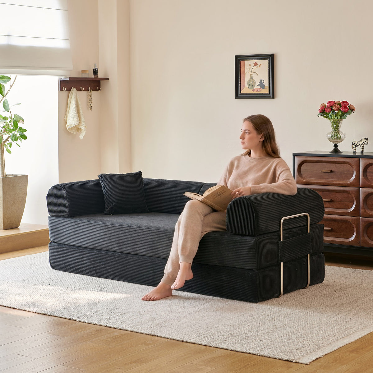 Corduroy Boneless Sofa Bed — 2-Seat, 79"W × 35"D — Black