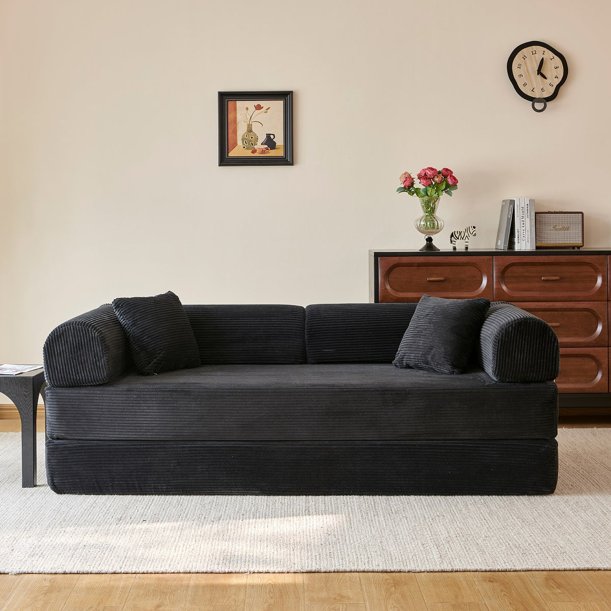 Corduroy Boneless Sofa Bed — 2-Seat, 79"W × 35"D — Black