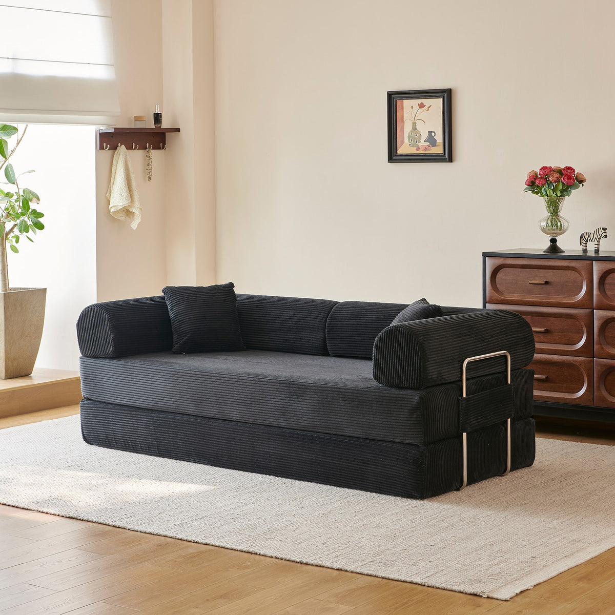 Corduroy Boneless Sofa Bed — 2-Seat, 79"W × 35"D — Black