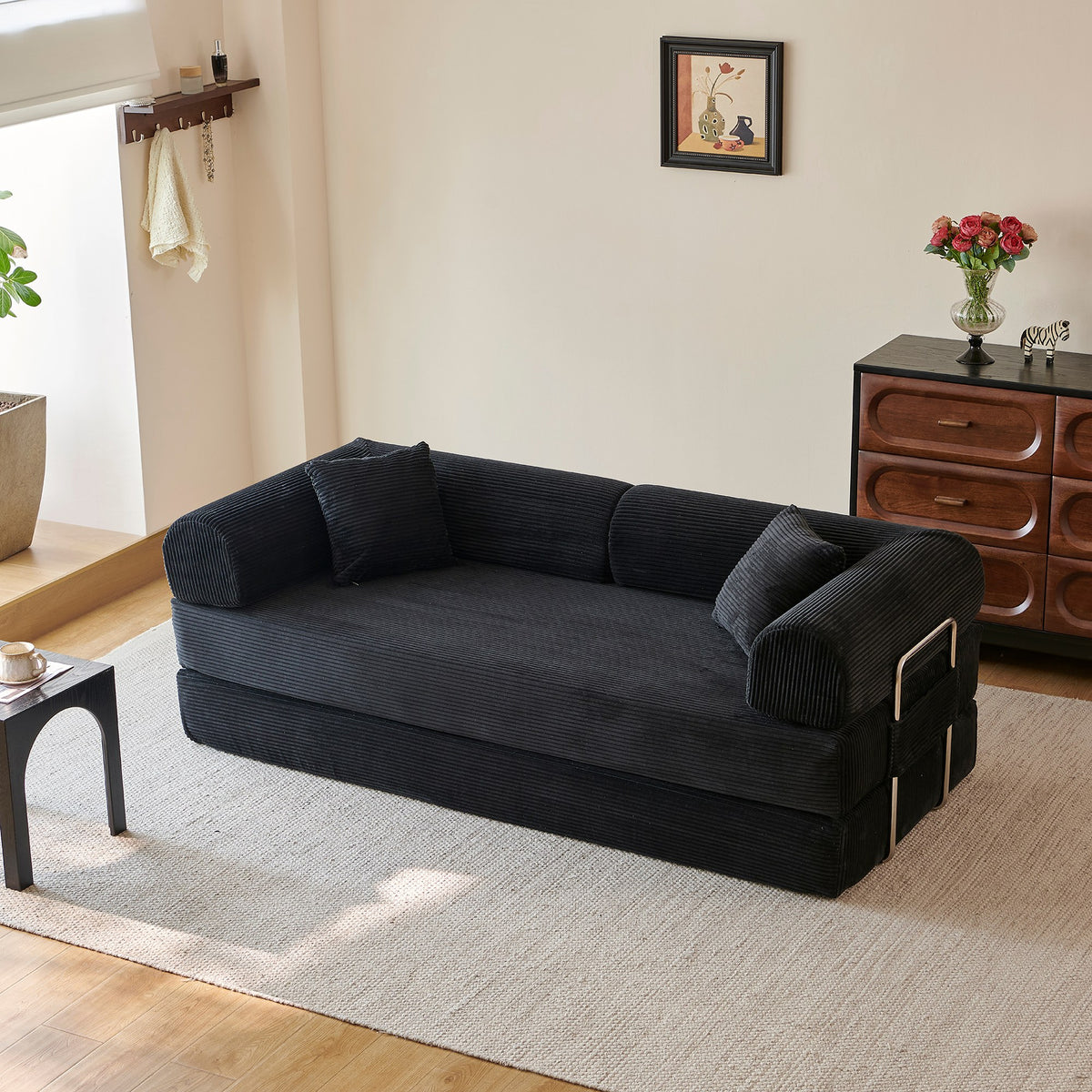 Corduroy Boneless Sofa Bed — 2-Seat, 79"W × 35"D — Black