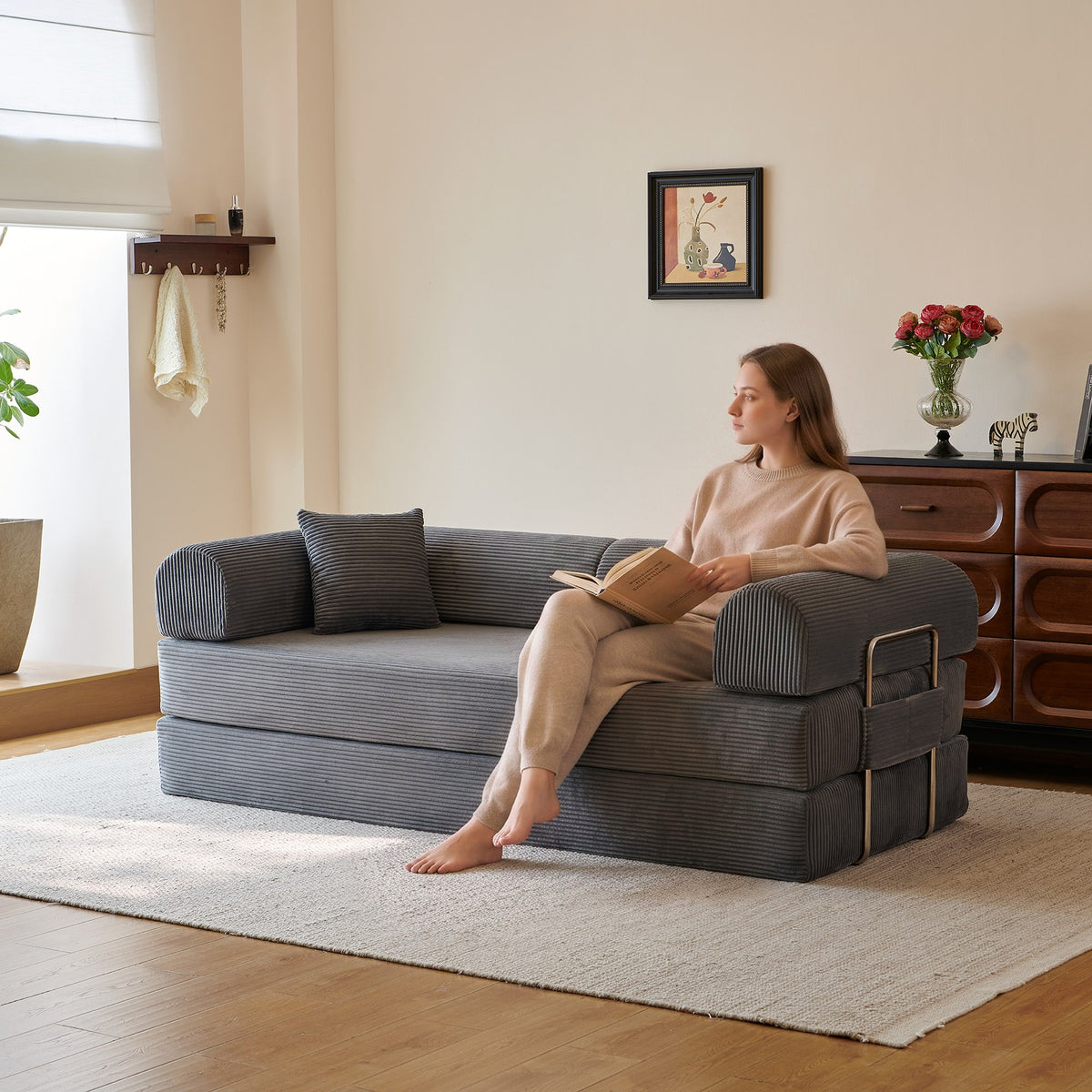 Corduroy Boneless Sofa Bed — 2-Seat, 79"W × 35"D — Grey