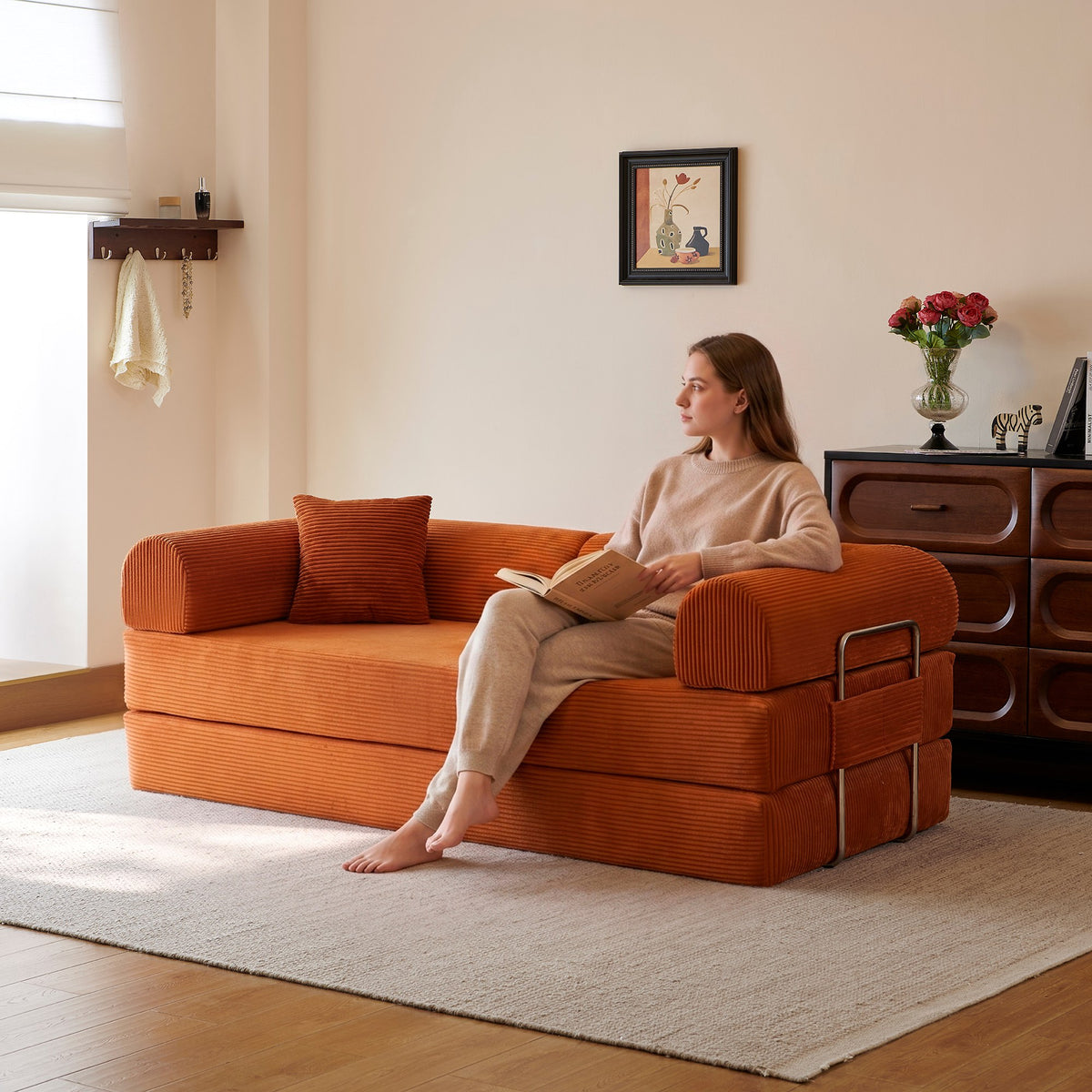 Corduroy Boneless Sofa Bed — 2-Seat, 79"W × 35"D — Tangerine