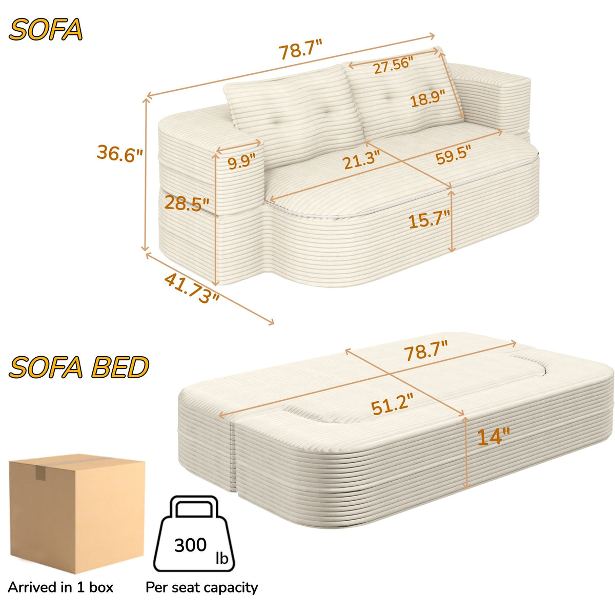 Corduroy Boneless Sofa Bed — 2-Seat, 79"W × 37"H — dimensions — Beige