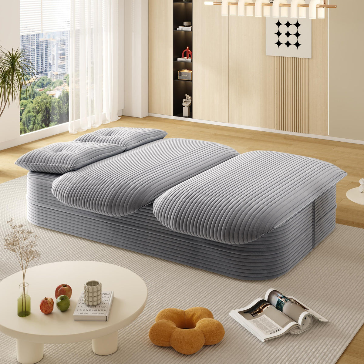 Corduroy Boneless Sofa Bed — 2-Seat, 79"W × 37"H — Light Grey