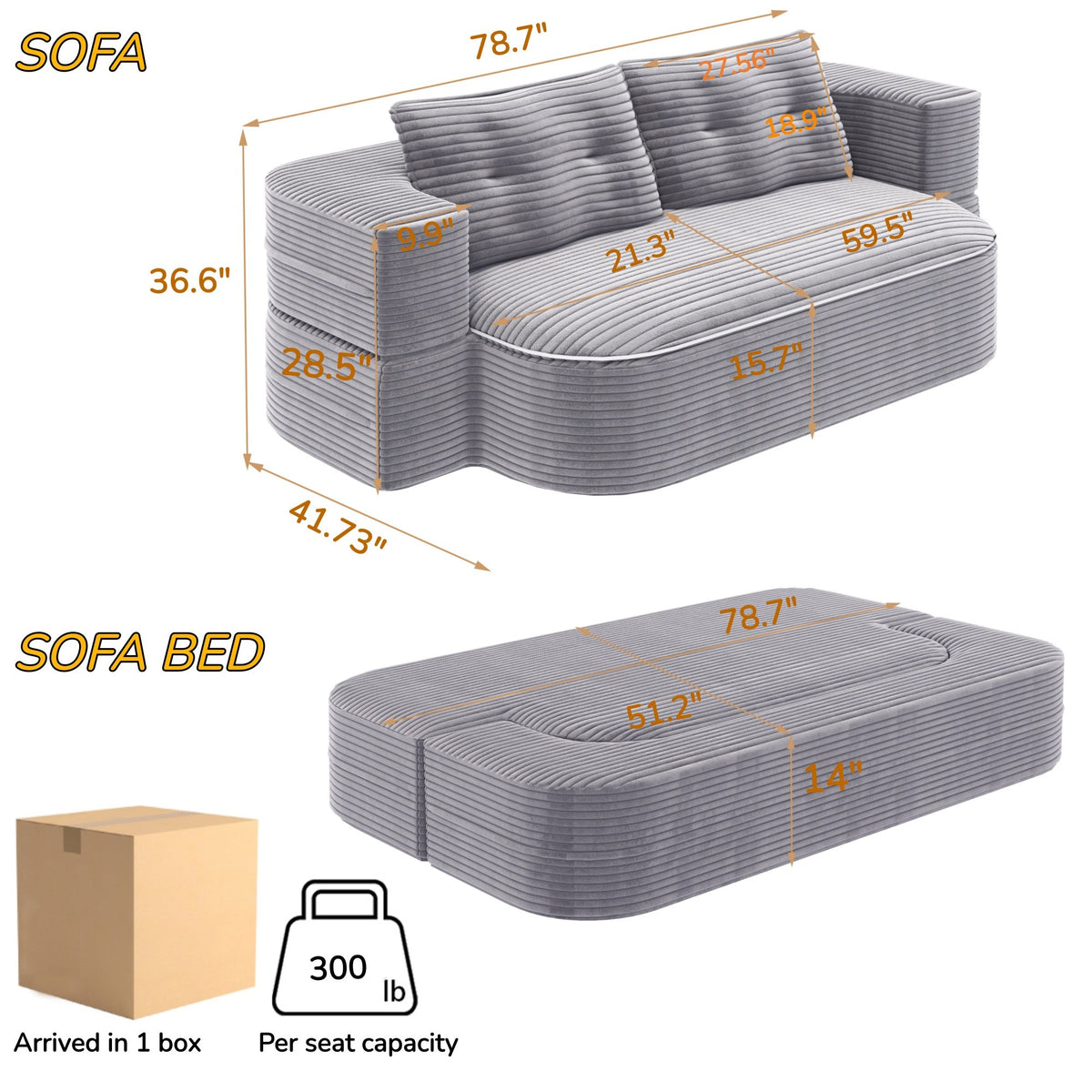 Corduroy Boneless Sofa Bed — 2-Seat, 79"W × 37"H — dimensions — Light Grey