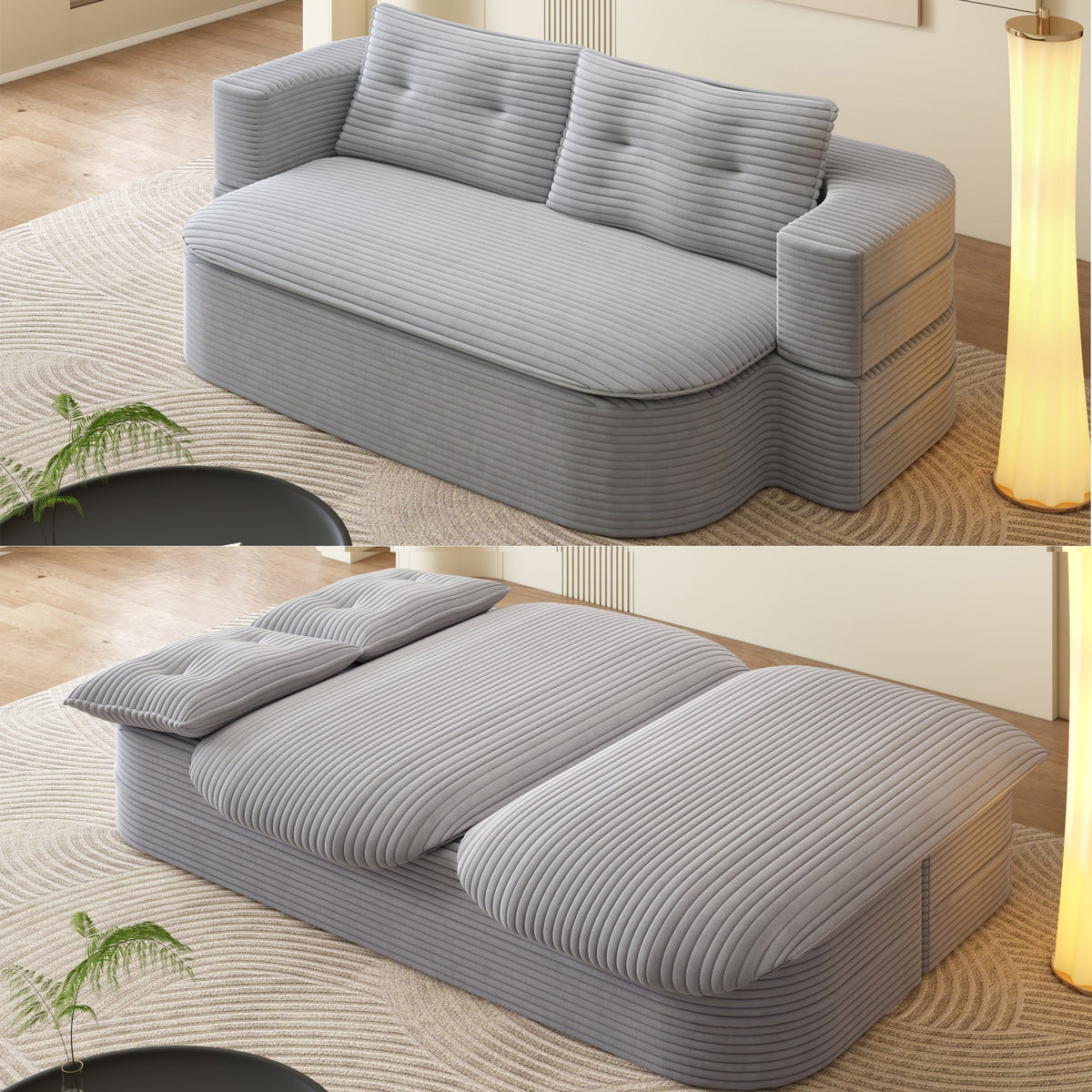 Corduroy Boneless Sofa Bed — 2-Seat, 79"W × 37"H — Light Grey