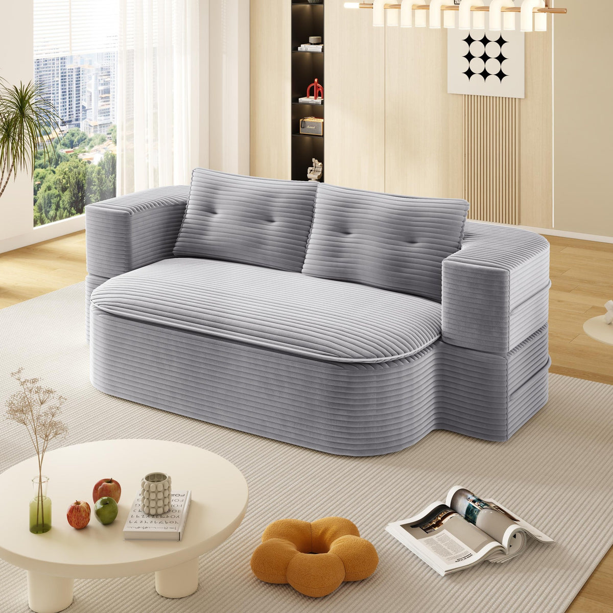 Corduroy Boneless Sofa Bed — 2-Seat, 79"W × 37"H — Light Grey