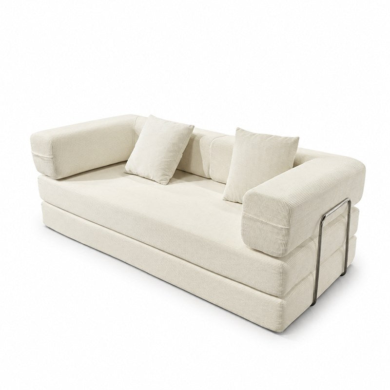 Ancient White corduroy boneless sofa bed at 45 degrees, metal armrest support bar visible — Ancient White