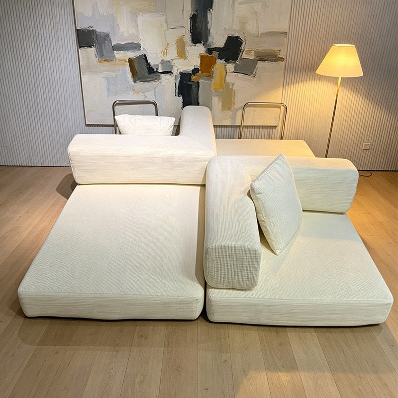 Ancient White corduroy boneless sofa bed in bed mode, two foam halves unfolded — Ancient White