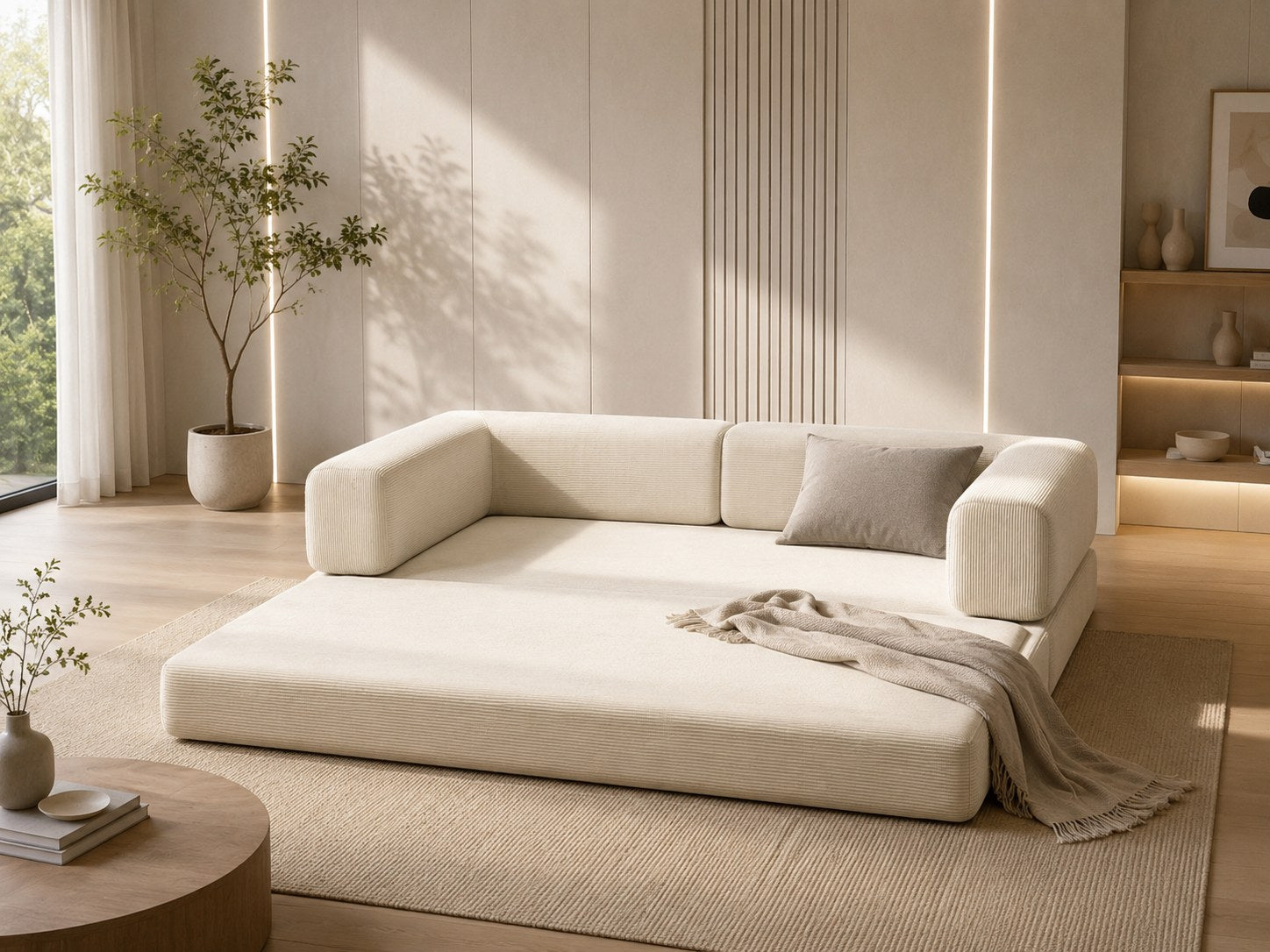 Ancient White corduroy boneless sofa bed opened flat into a guest bed with a throw blanket — Ancient White