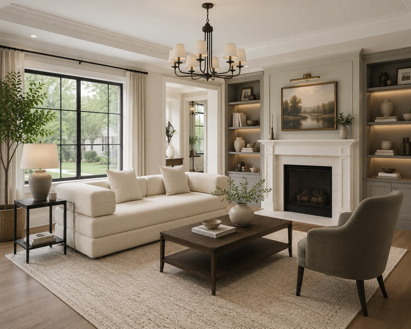 Ancient White corduroy boneless sofa bed in a styled living room with a fireplace — Ancient White