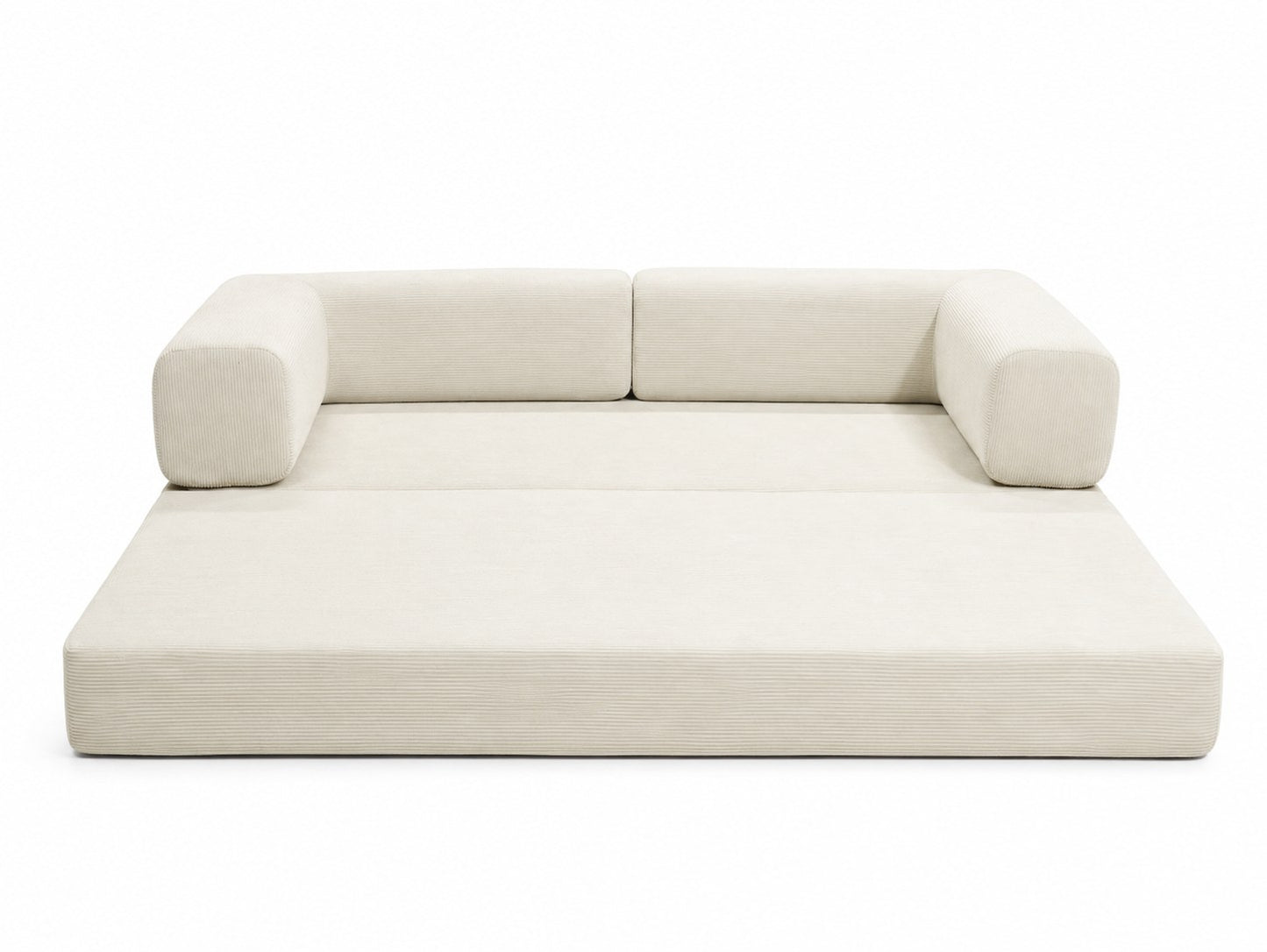 Ancient White corduroy boneless sofa bed laid completely flat, showing the foam mattress — Ancient White