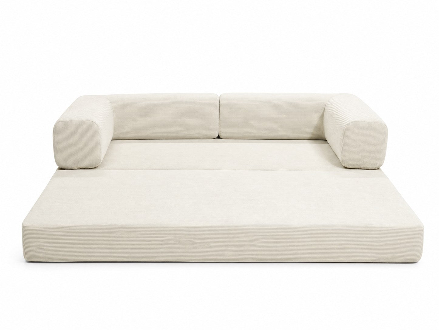 Ancient White corduroy boneless sofa bed laid completely flat, showing the foam mattress — Ancient White