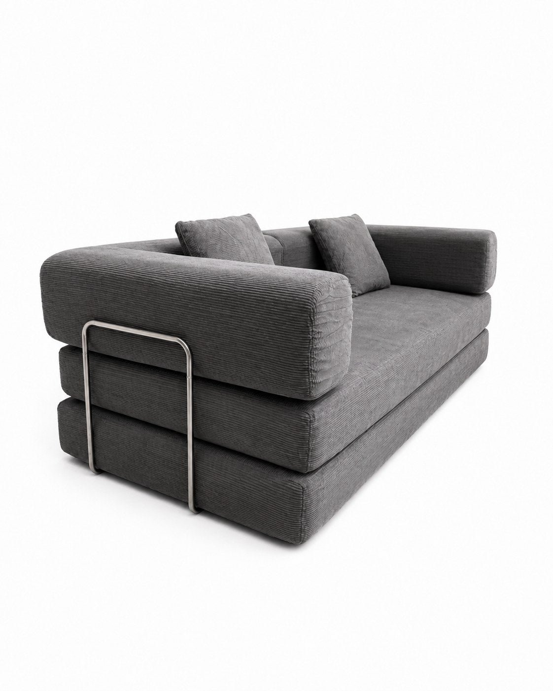 Antique Grey corduroy boneless sofa bed at 45 degrees, metal armrest support bar visible — Antique Grey