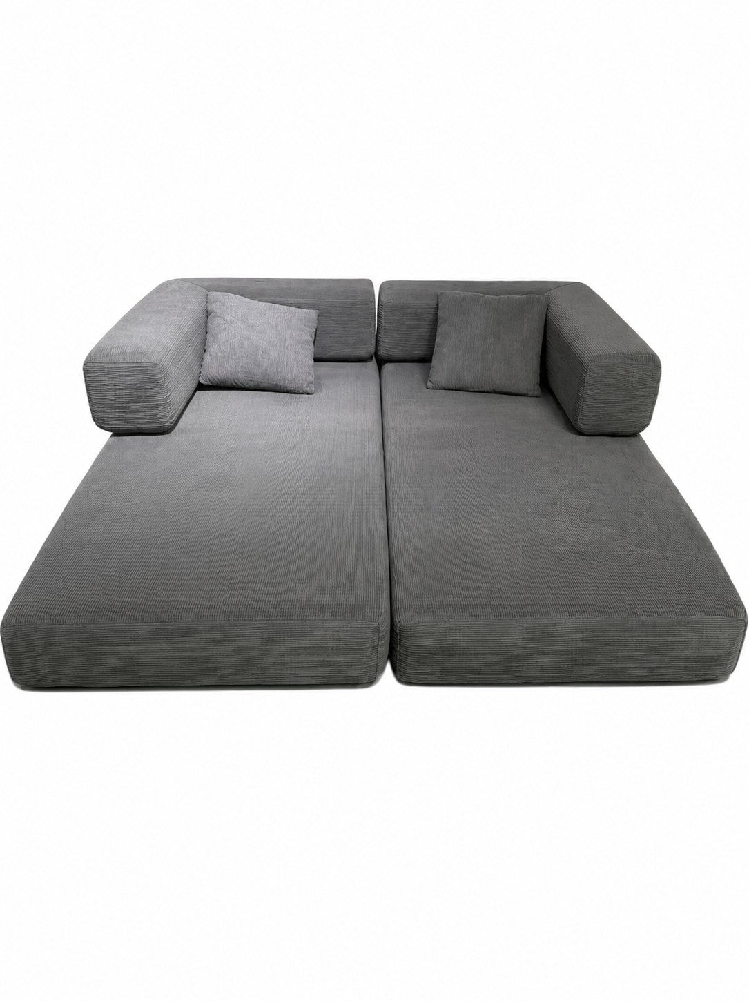 Antique Grey corduroy boneless sofa bed in bed mode, two foam halves unfolded — Antique Grey
