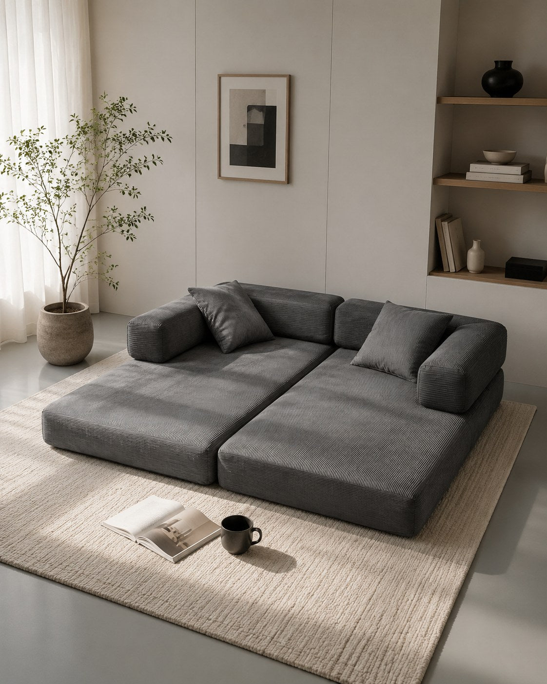 Antique Grey corduroy boneless sofa bed opened flat into a guest bed on a rug — Antique Grey