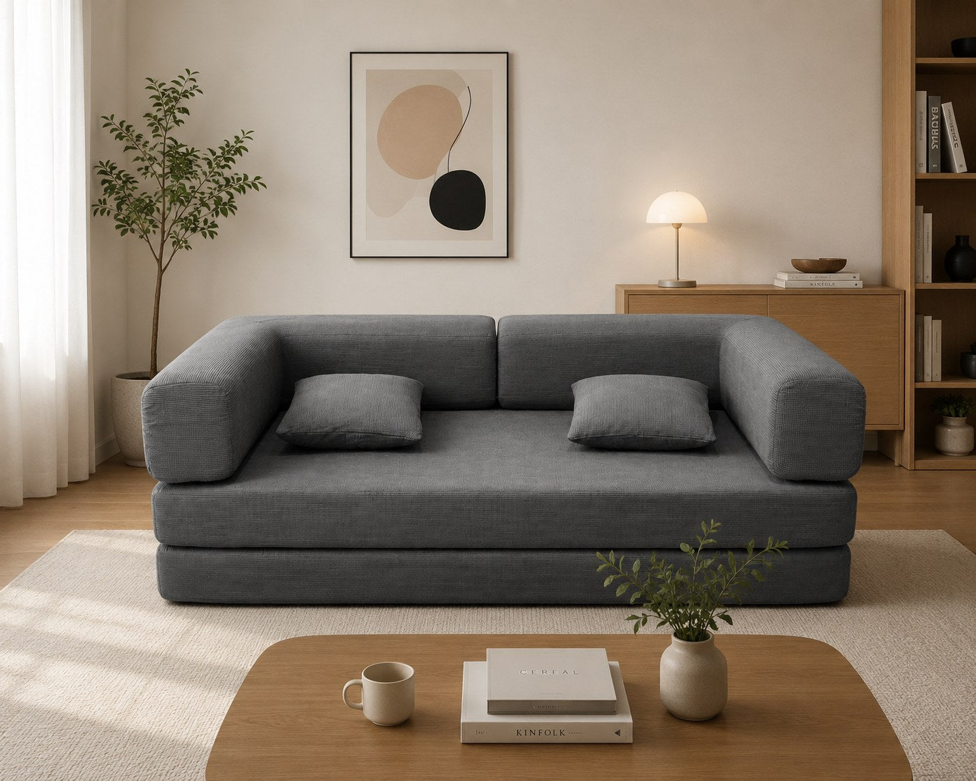 Antique Grey corduroy boneless sofa bed in a styled living room — Antique Grey
