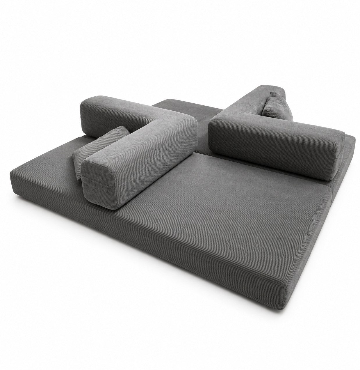 Antique Grey corduroy boneless sofa bed laid completely flat, showing the foam mattress and loose bolsters — Antique Grey