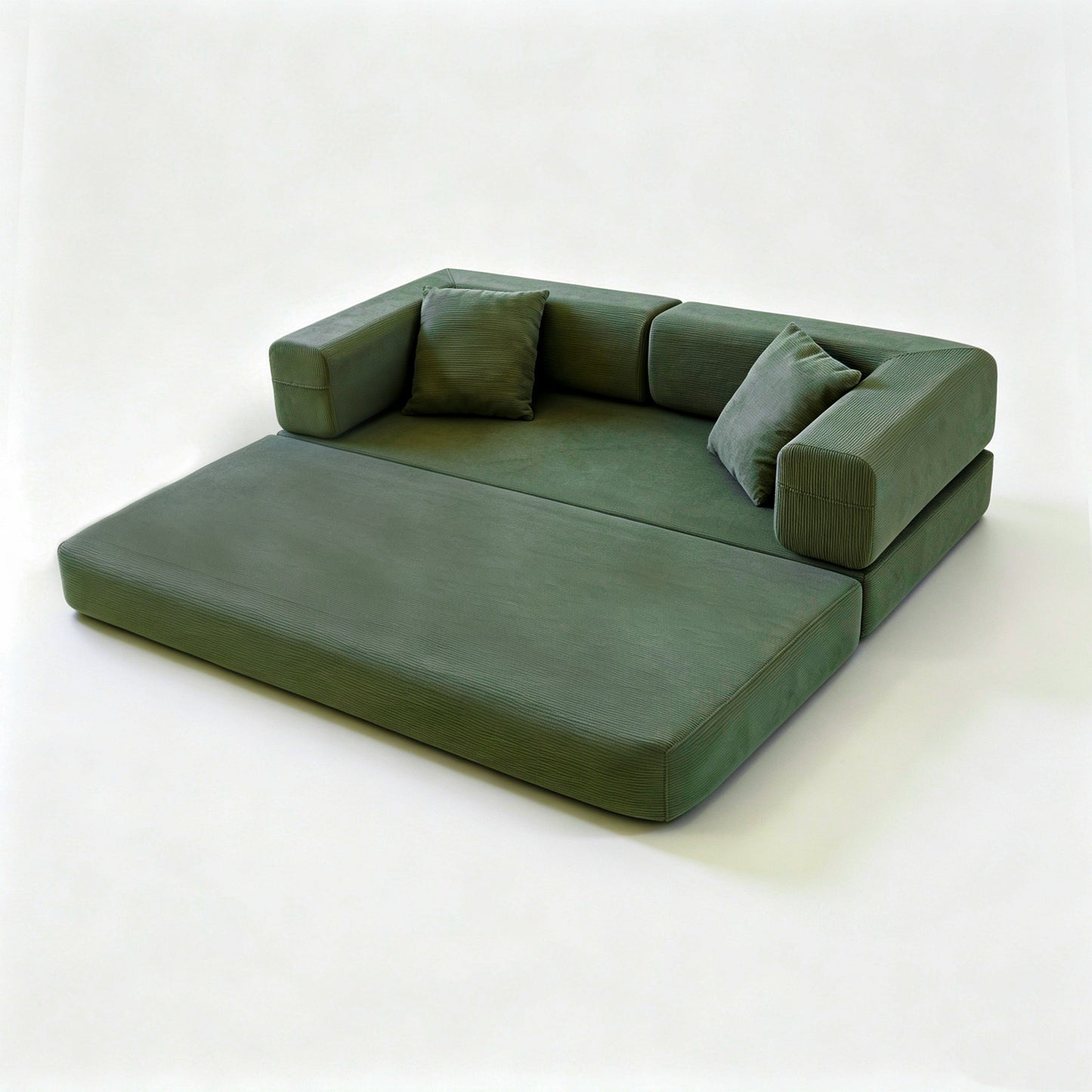 Green corduroy boneless sofa bed in bed mode, two foam halves unfolded — Green