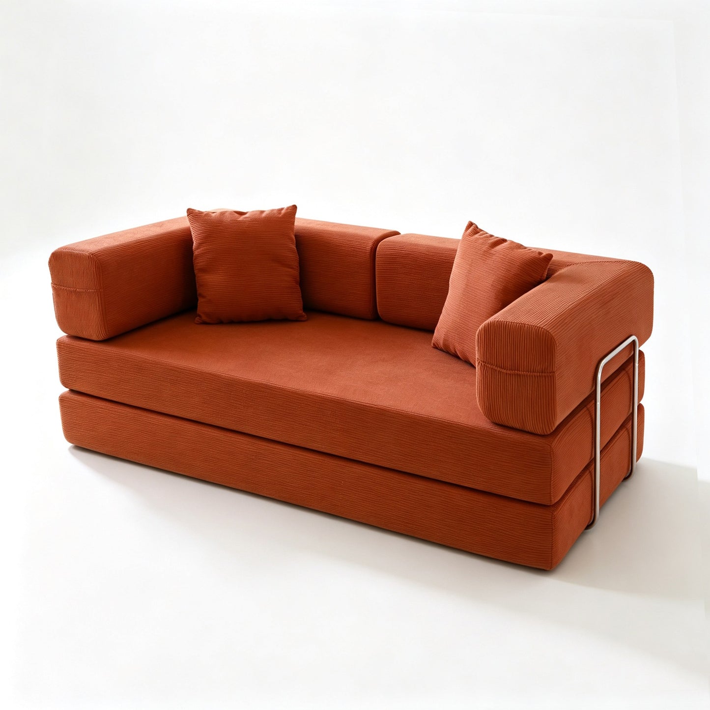 Orange corduroy boneless sofa bed at 45 degrees, metal armrest support bar visible — Orange