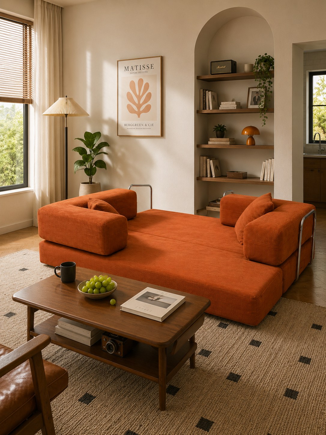Orange corduroy boneless sofa bed opened flat into a guest bed beside a coffee table — Orange