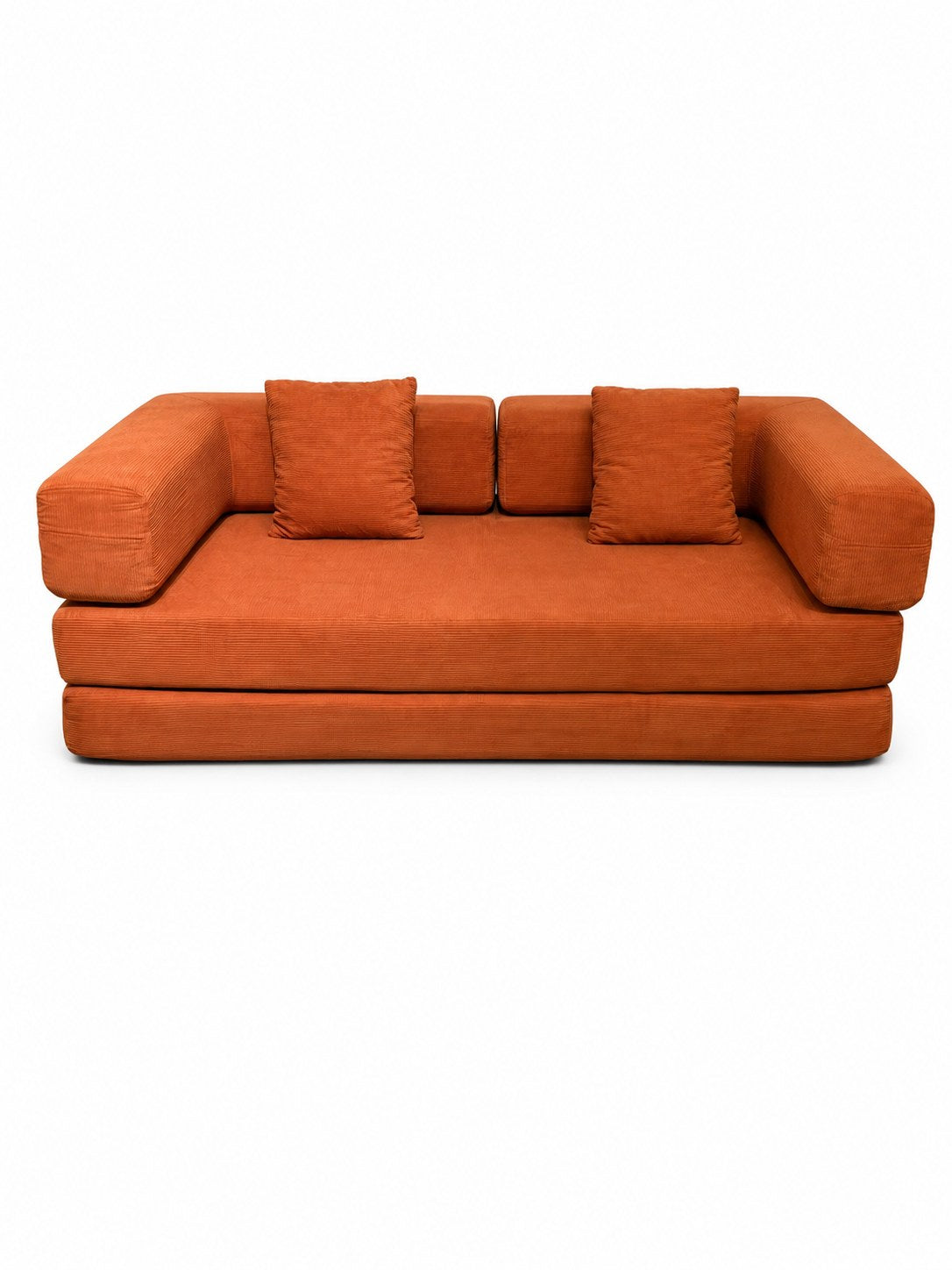 Orange corduroy boneless sofa bed on a white background — Orange