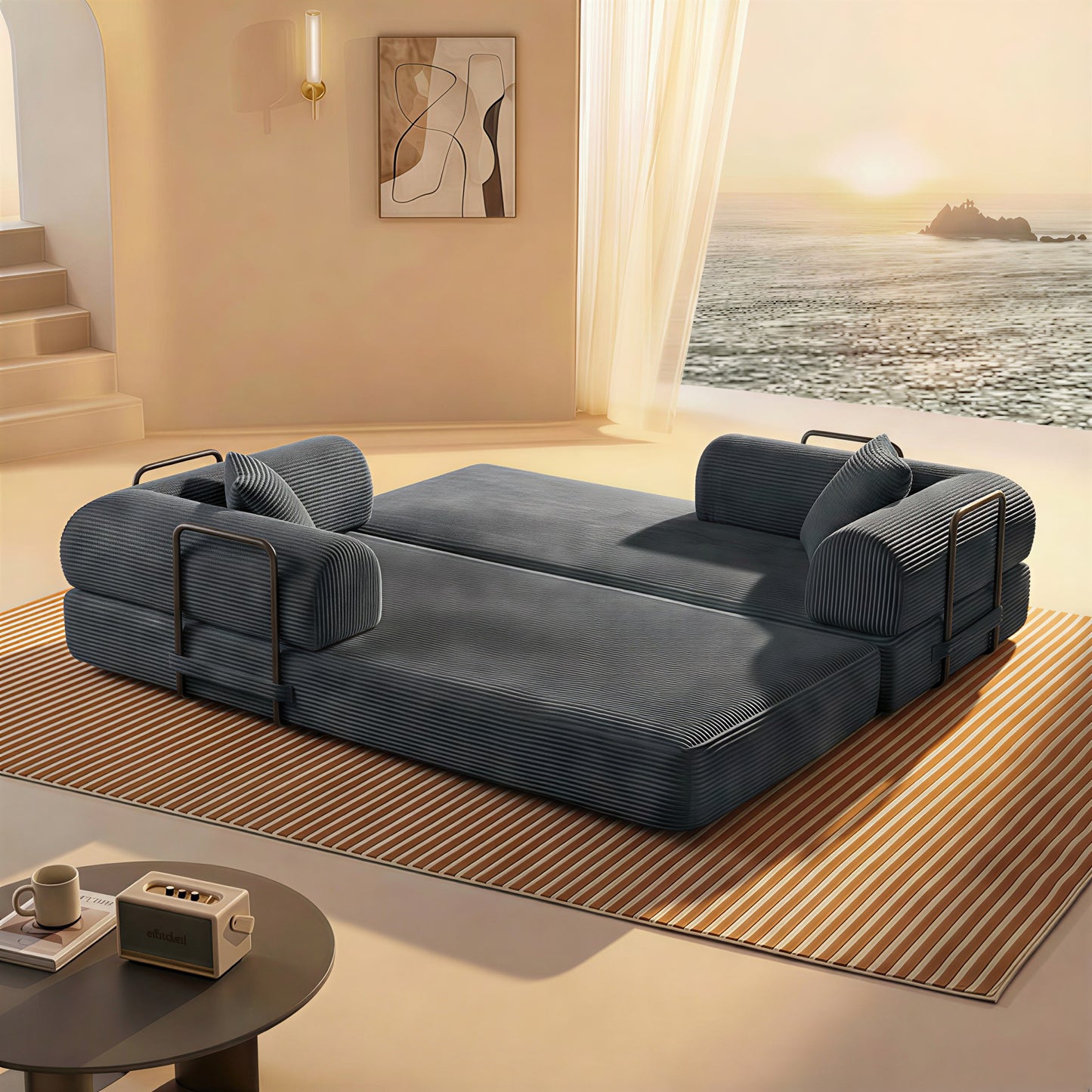 Antique grey corduroy boneless sofa bed unfolded flat into a guest bed in a sunlit room — Antique Grey