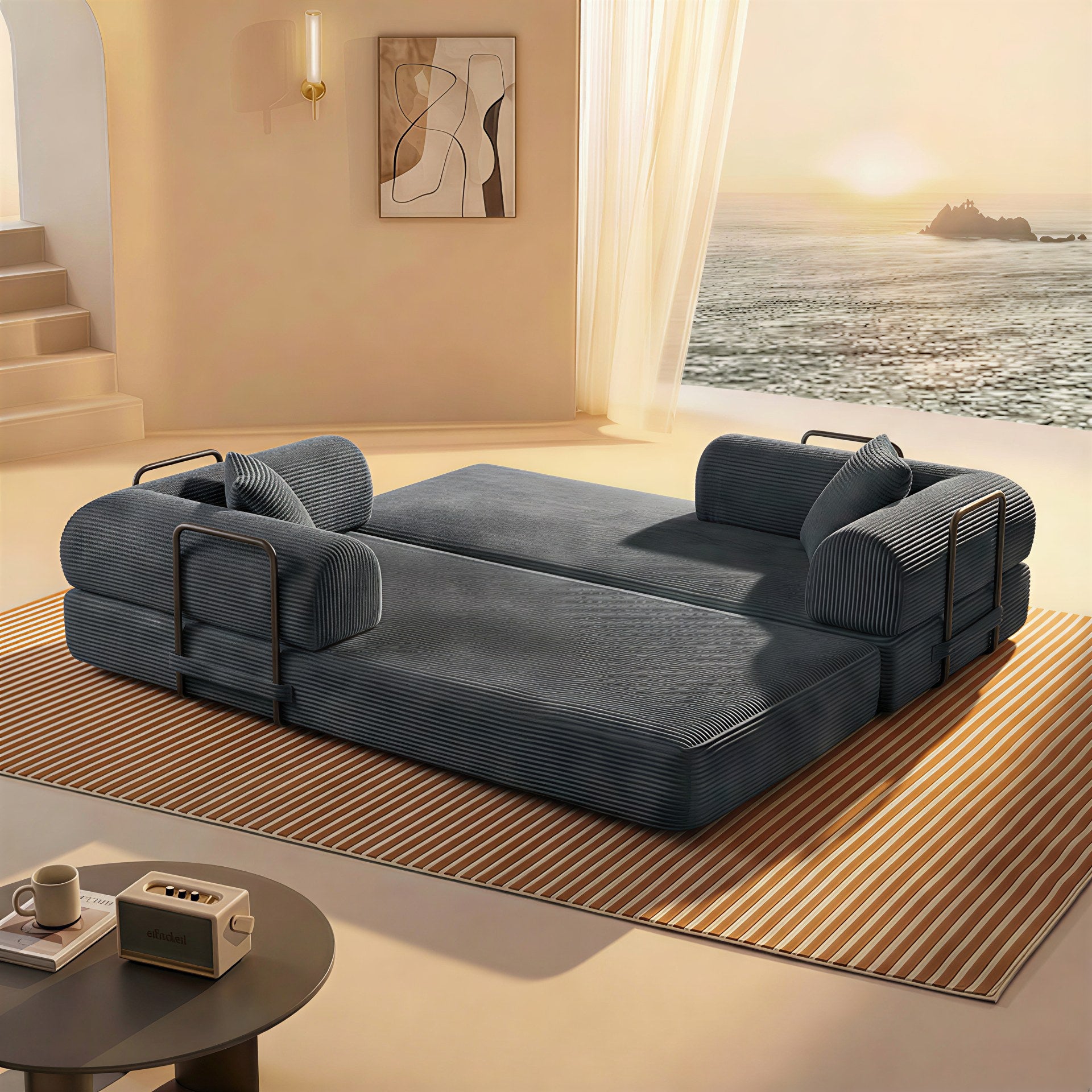 Antique grey corduroy boneless sofa bed unfolded flat into a guest bed in a sunlit room — Antique Grey