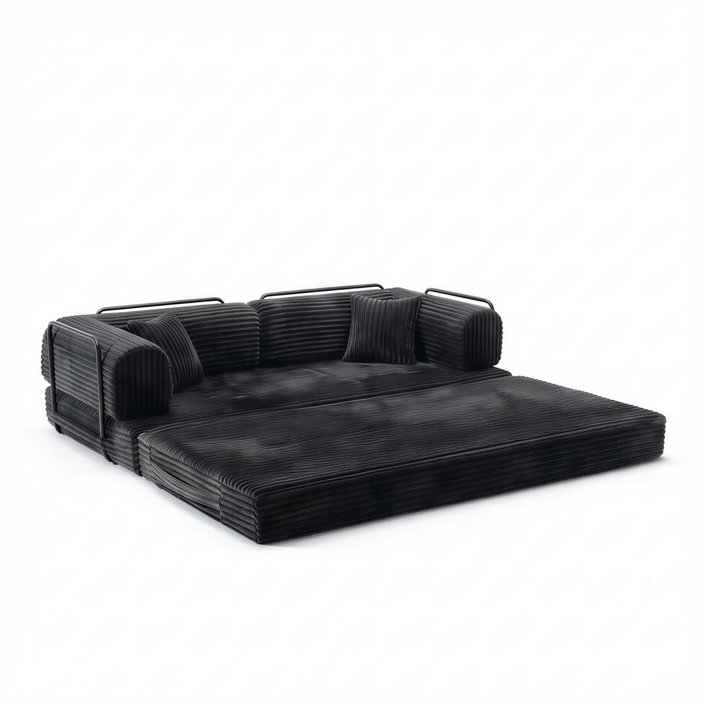 Antique grey corduroy sofa bed opened into bed mode, three foam layers unfolded — Antique Grey