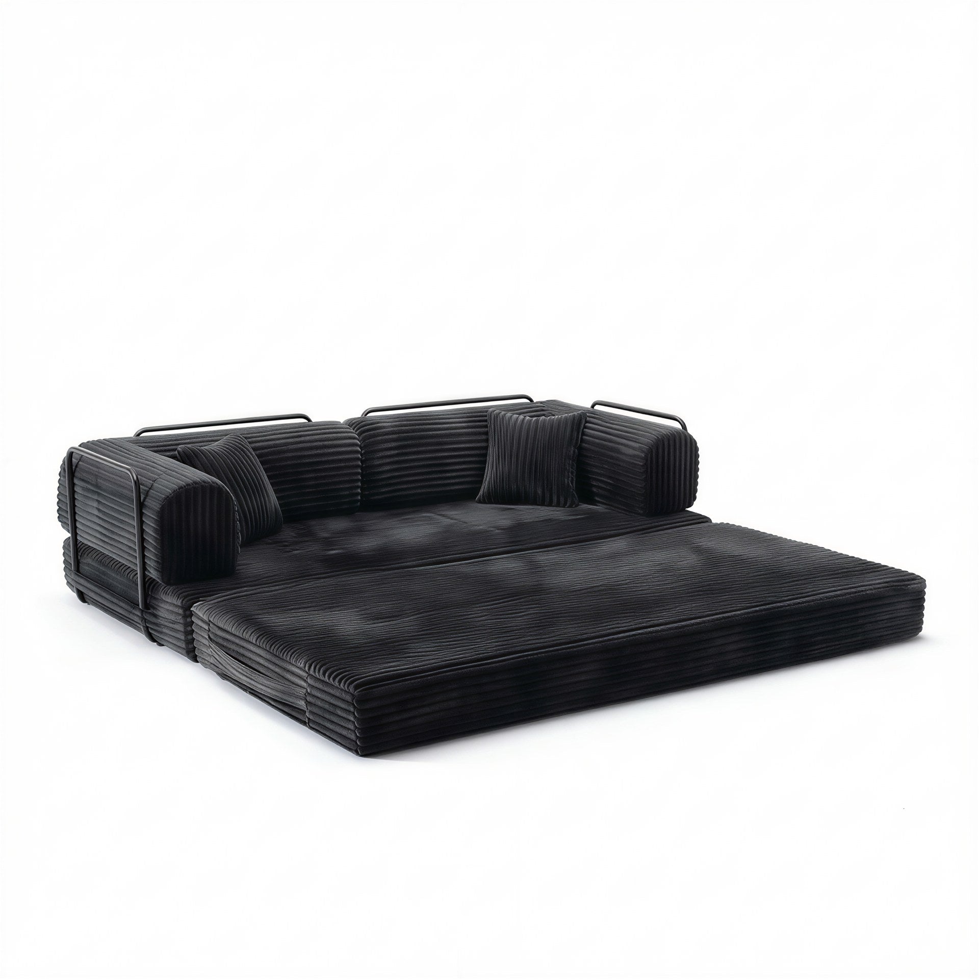 Antique grey corduroy sofa bed opened into bed mode, three foam layers unfolded — Antique Grey