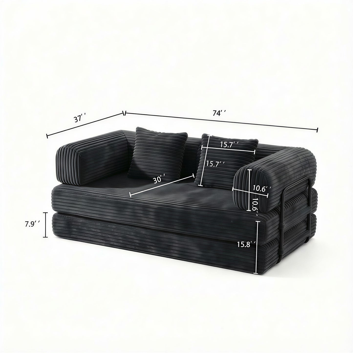 Dimensions: 74 in wide, 37 in deep, 30 in seat, 15.8 in high, 7.9 in bed height — dimensions — Antique Grey