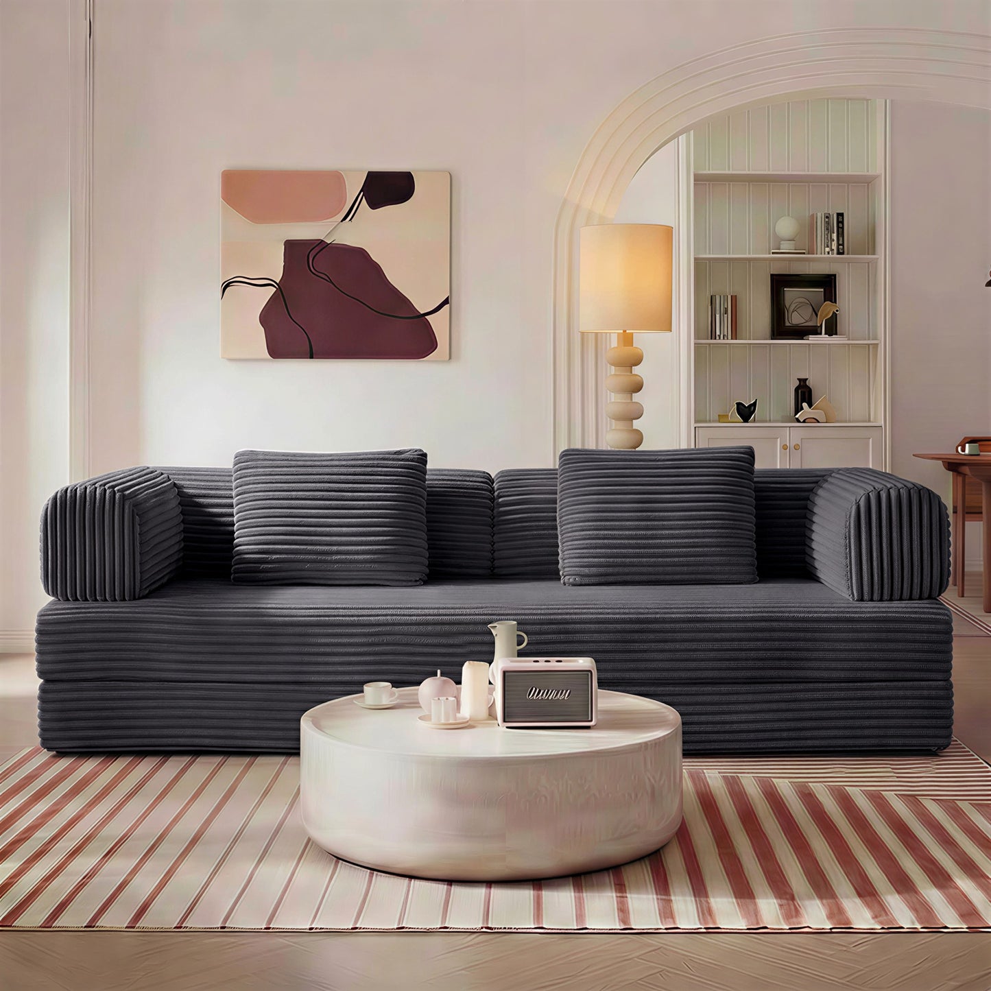 Antique grey corduroy boneless sofa bed in sofa mode in a living room — Antique Grey