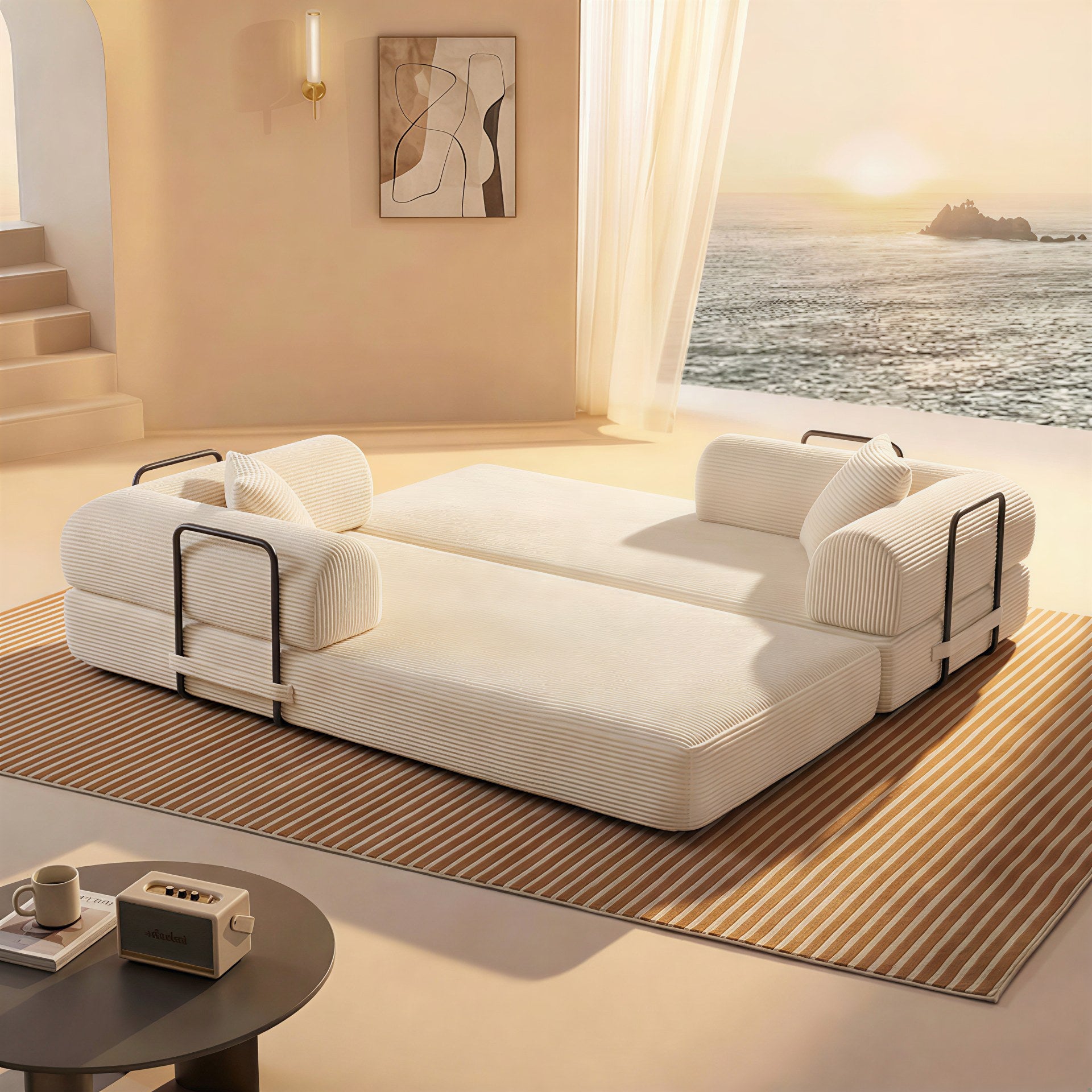Beige corduroy boneless sofa bed unfolded flat into a guest bed in a sunlit room — Beige
