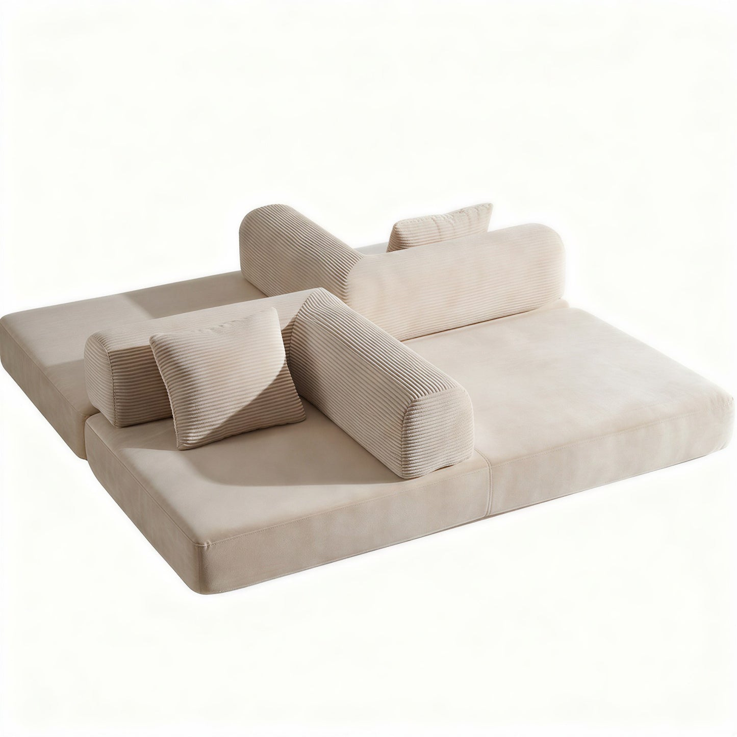 Beige corduroy sofa bed opened into bed mode with the back bolster laid flat — Beige