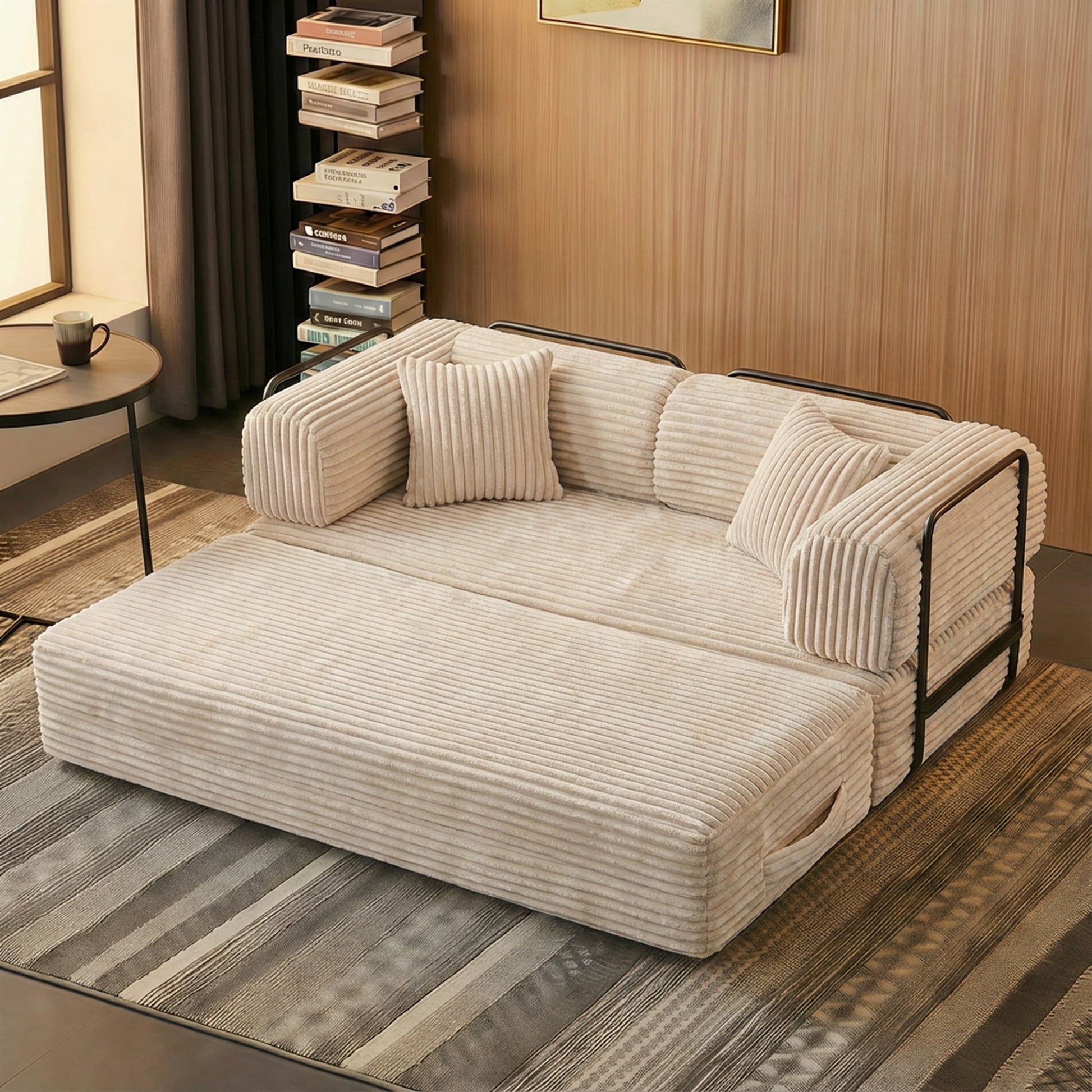 Beige corduroy boneless sofa bed in bed mode beside a bookshelf in a wood-panelled room — Beige