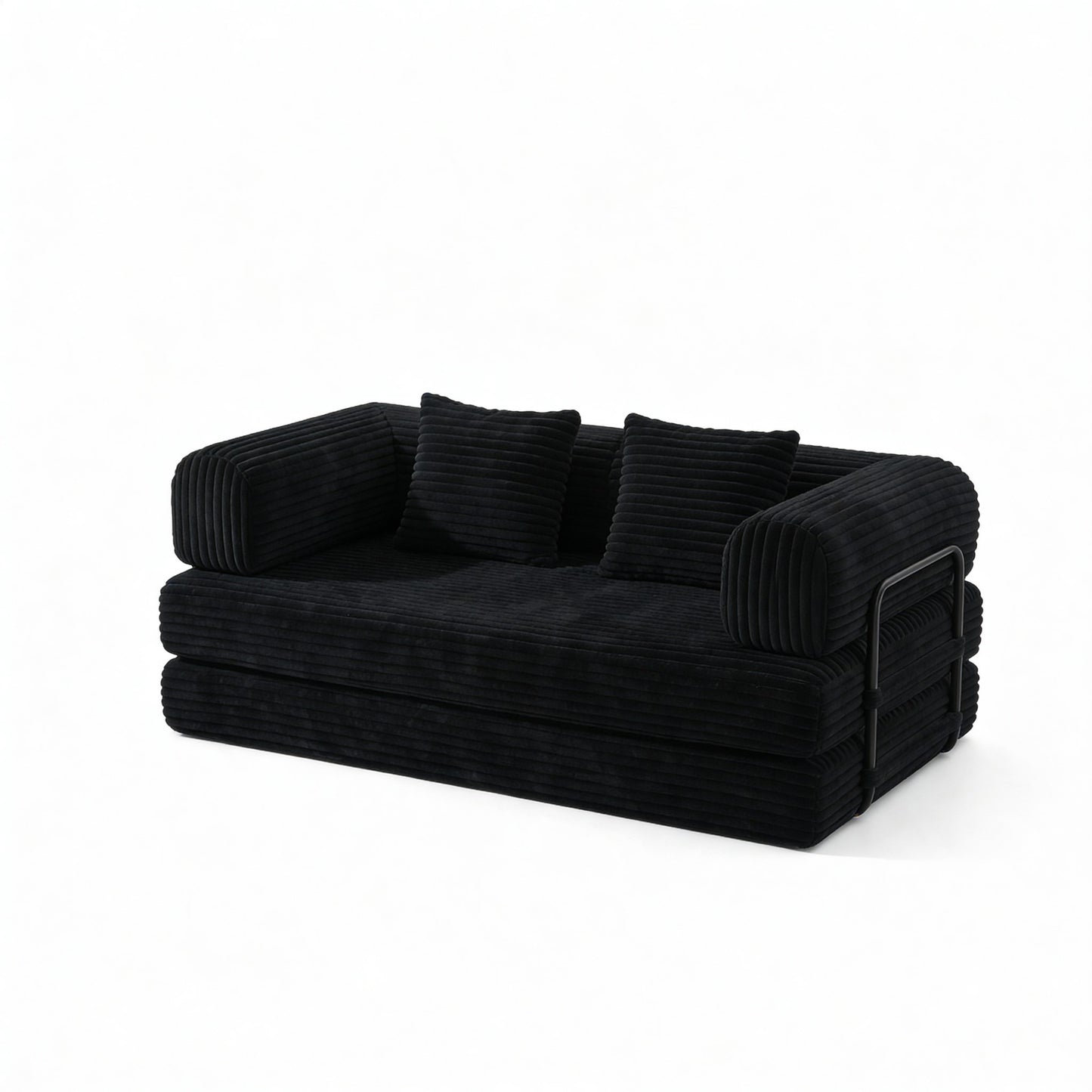 Black corduroy boneless sofa bed, 74-inch 2-seat, angled view — Black