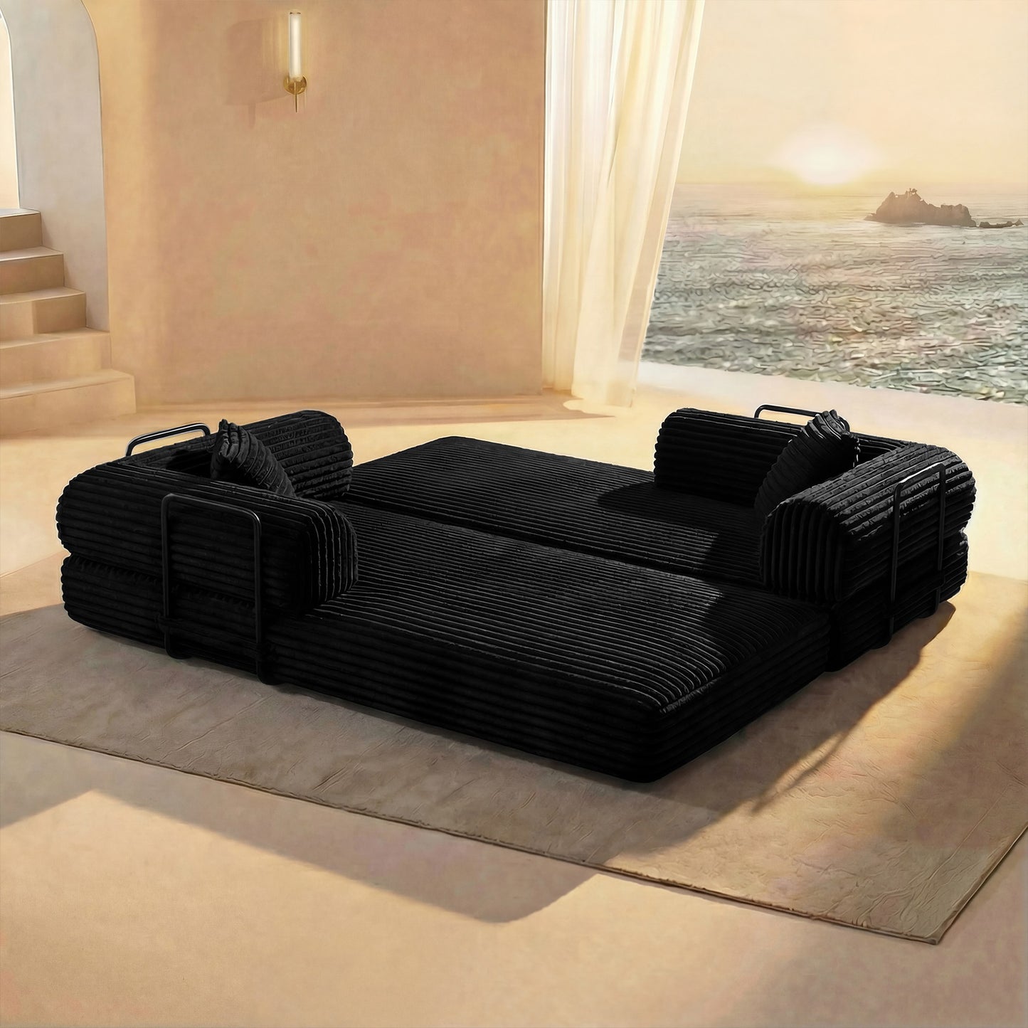 Black corduroy boneless sofa bed unfolded flat into a guest bed in a sunlit room — Black